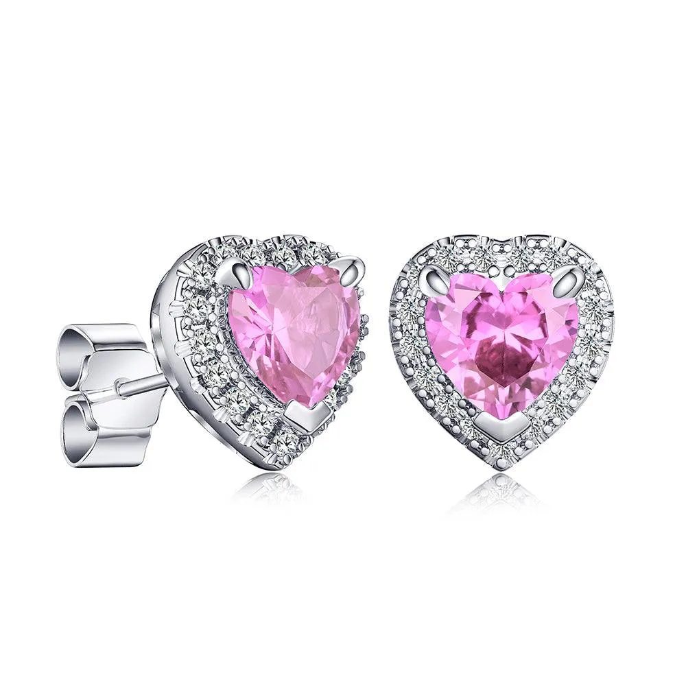 1 CT. Heart Shaped Birthstone Stud Earrings with Halo