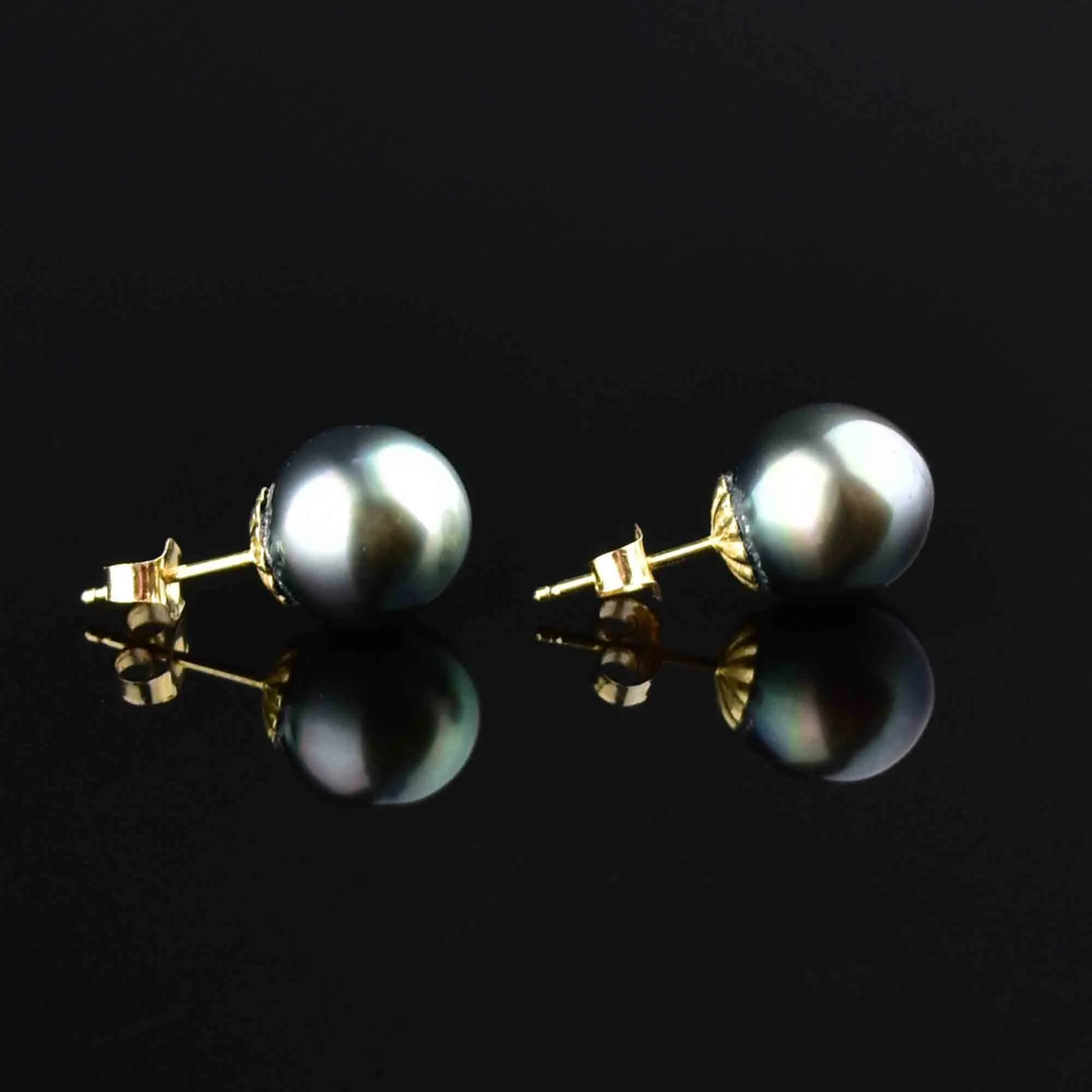 14K Gold Black Pearl Stud Earrings