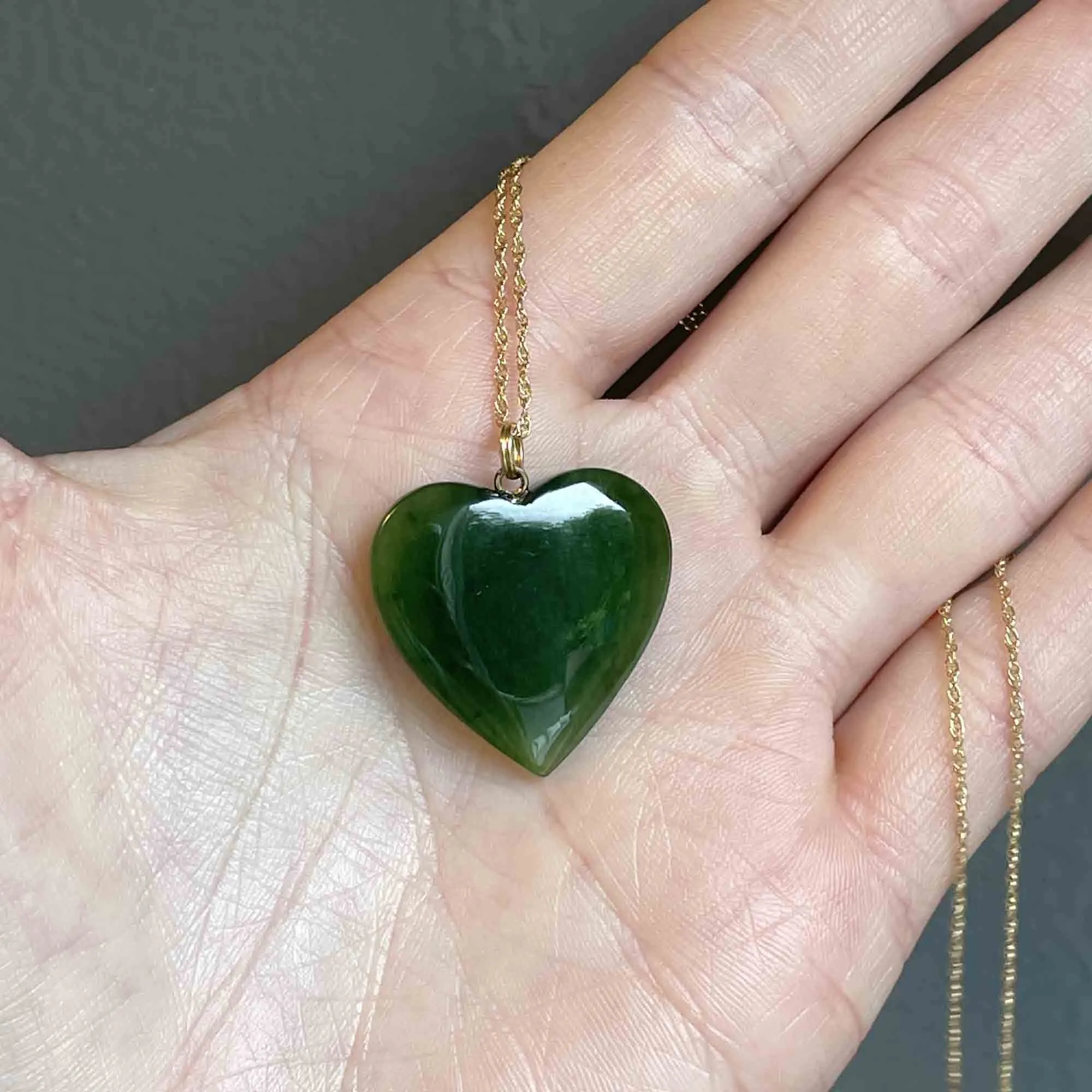 14K Gold Carved Jade Heart Pendant Necklace