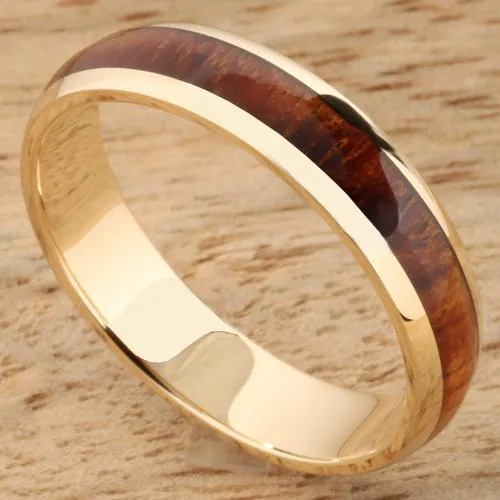 14K Yellow Gold Natural Koa Wood Oval Wedding Ring 5mm