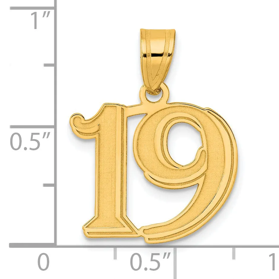 14k Yellow Gold Polished Etched Finish Number 19 Charm Pendant