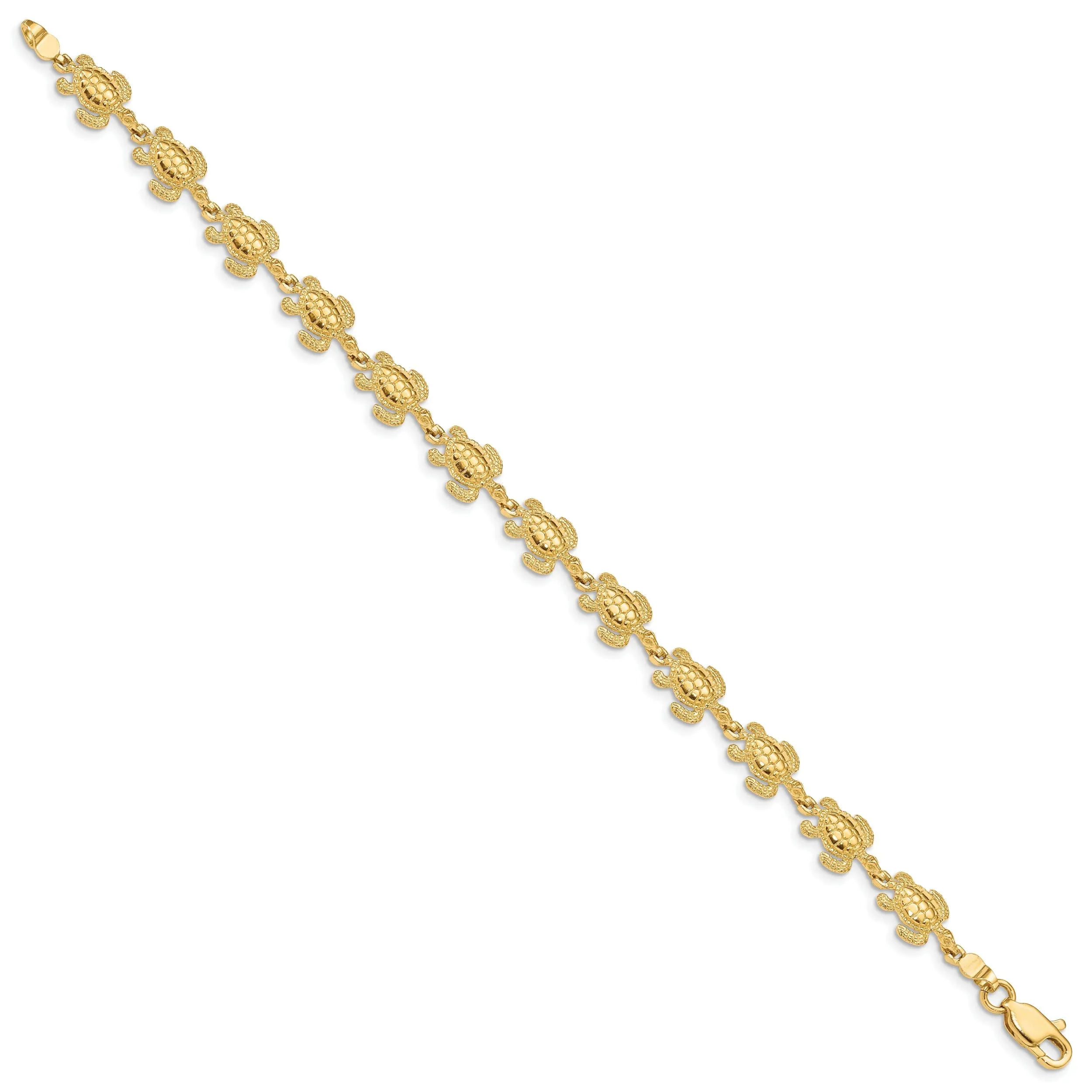 14k Yellow Gold Solid Sea Turtle Bracelet. Polished finish, 8mm width, 7.25" length