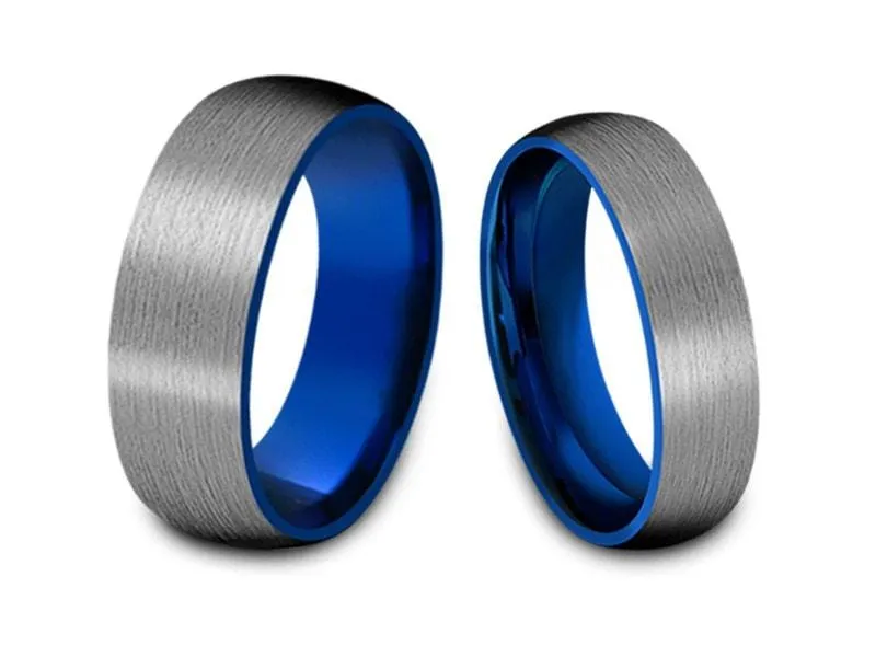 6MM/8MM GRAY GUNMETAL Tungsten Wedding Band Set DOME AND BLUE INTERIOR