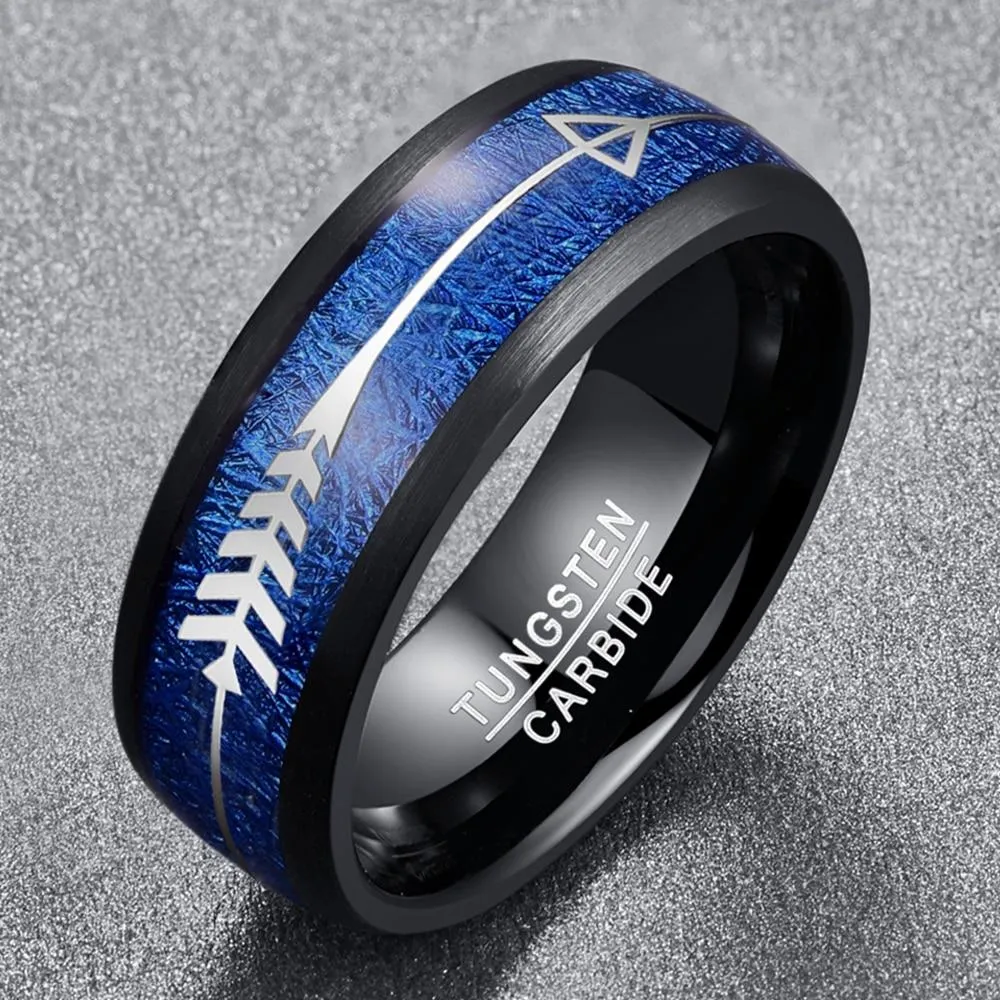 8mm Silver Arrow-Shaped Tungsten Carbide with Inlaid Blue Meteorite Wedding Band