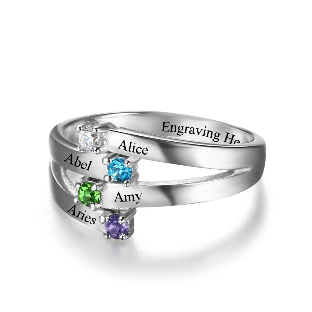 925 Sterling Silver Ring for Women- Custom 4 Birthstone and 4 Name DIY