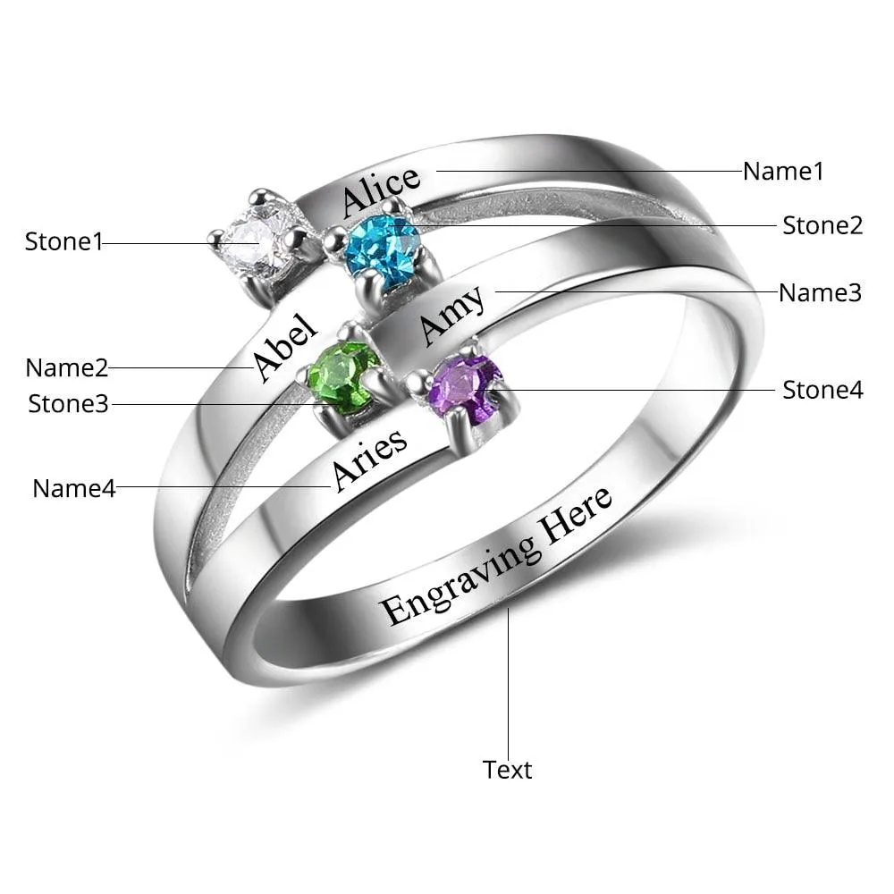 925 Sterling Silver Ring for Women- Custom 4 Birthstone and 4 Name DIY