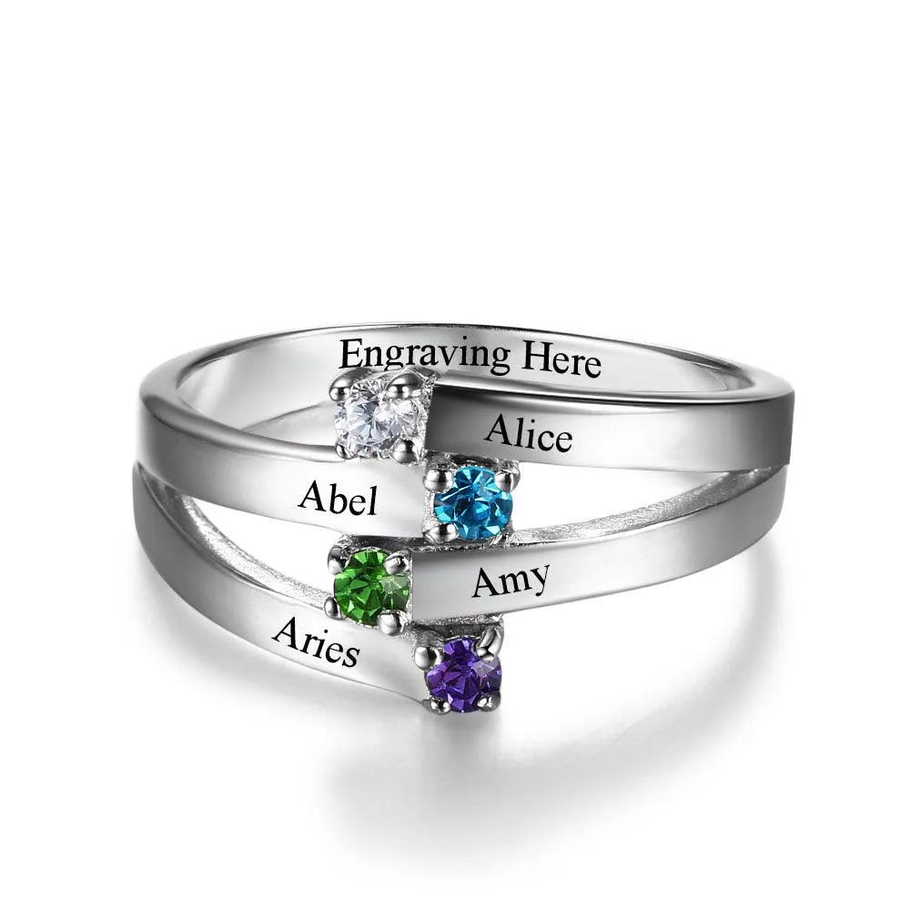 925 Sterling Silver Ring for Women- Custom 4 Birthstone and 4 Name DIY