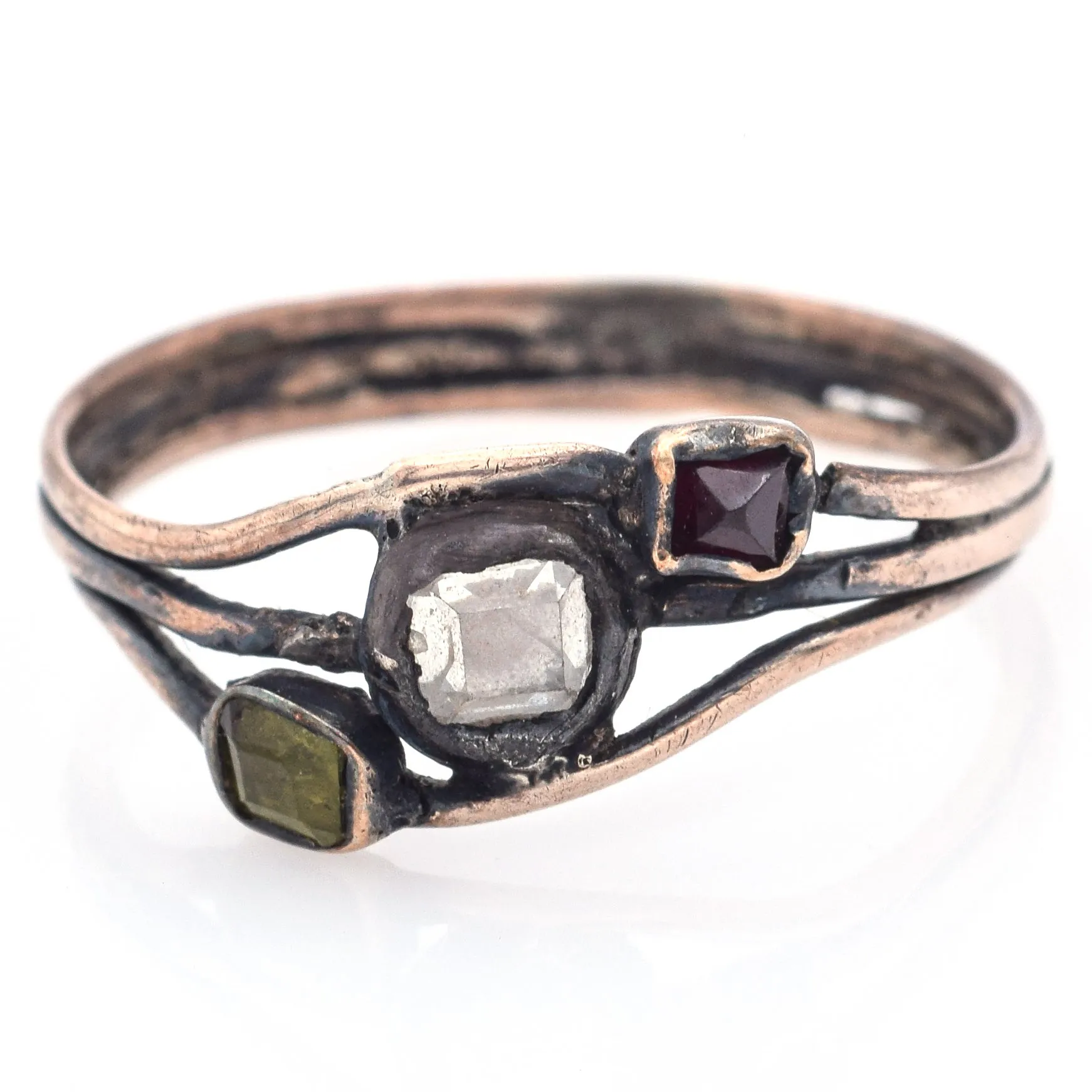 Antique 10K Yellow Gold Diamond, Peridot & Garnet Band Ring Size 6.5