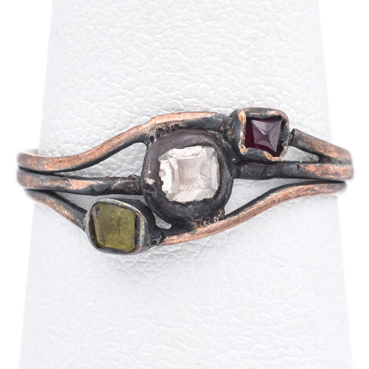 Antique 10K Yellow Gold Diamond, Peridot & Garnet Band Ring Size 6.5