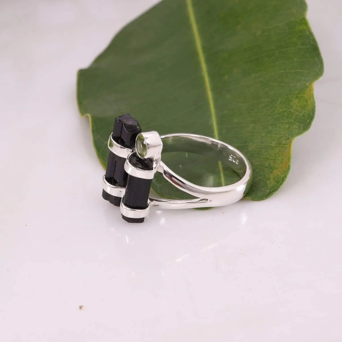 Black Tourmaline, Peridot 925 Sterling Silver Ring, Handmade Jewelry, Crystal,Unisex Tourmaline Ring, Birthstone