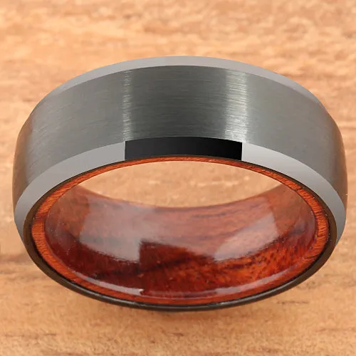 Black Tungsten Koa Wood Double Ring Brush Finished Beveled Edge 8mm