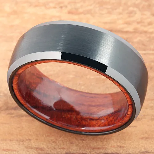 Black Tungsten Koa Wood Double Ring Brush Finished Beveled Edge 8mm