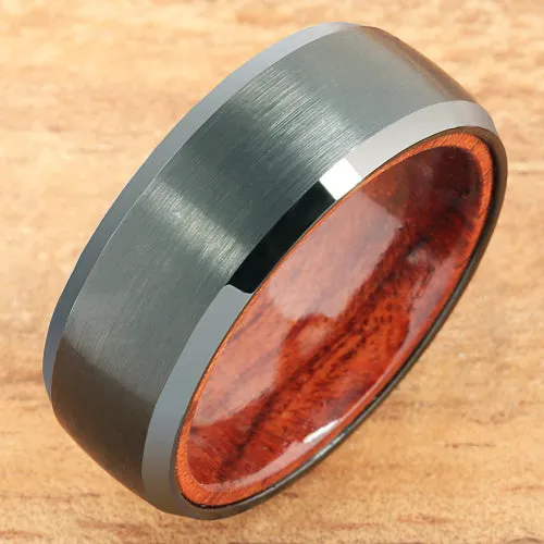 Black Tungsten Koa Wood Double Ring Brush Finished Beveled Edge 8mm