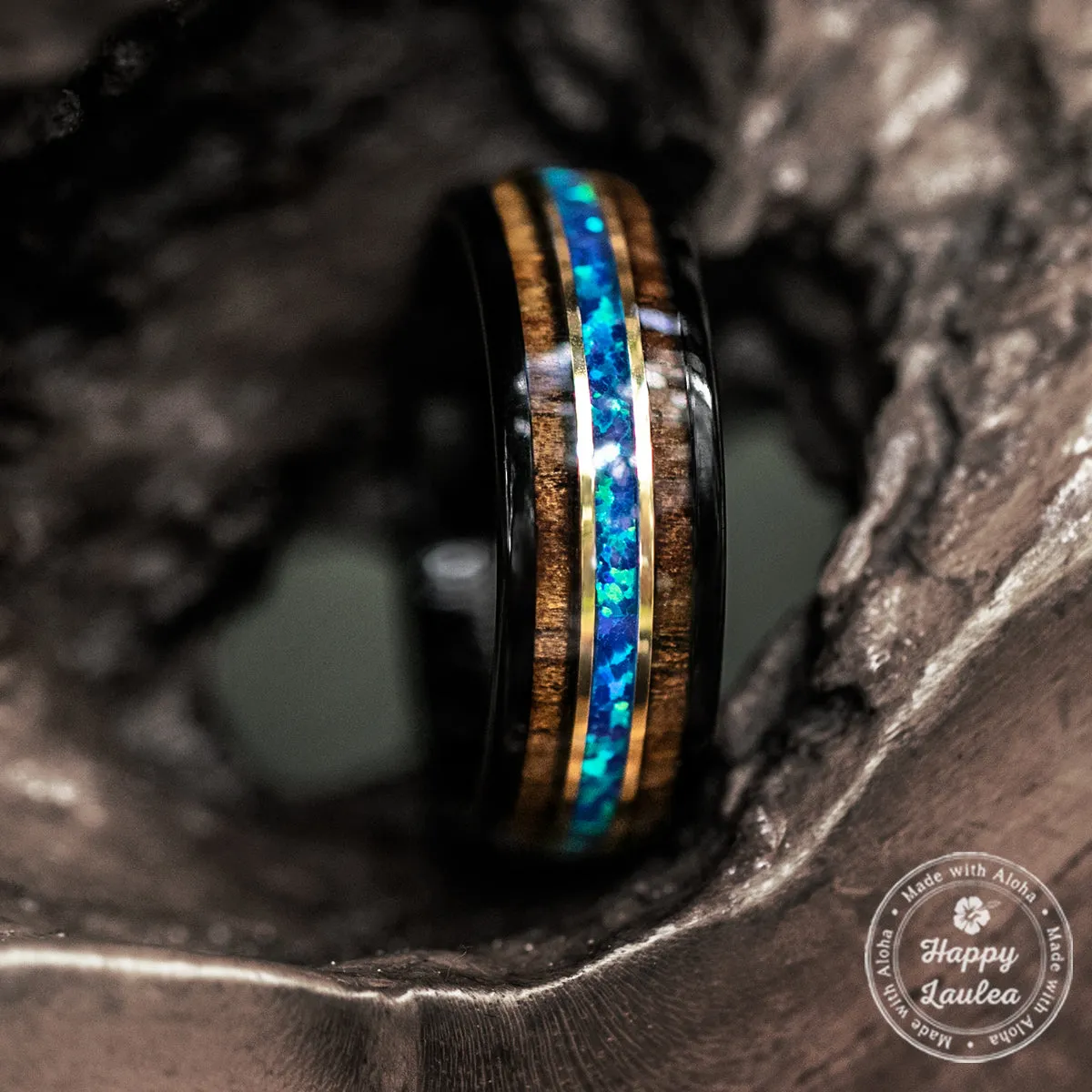 Black Tungsten with Gold Strip Ring with Blue Opal & Hawaiian Koa Wood Tri-Inlay - 8mm, Dome Shape, Comfort Fitment