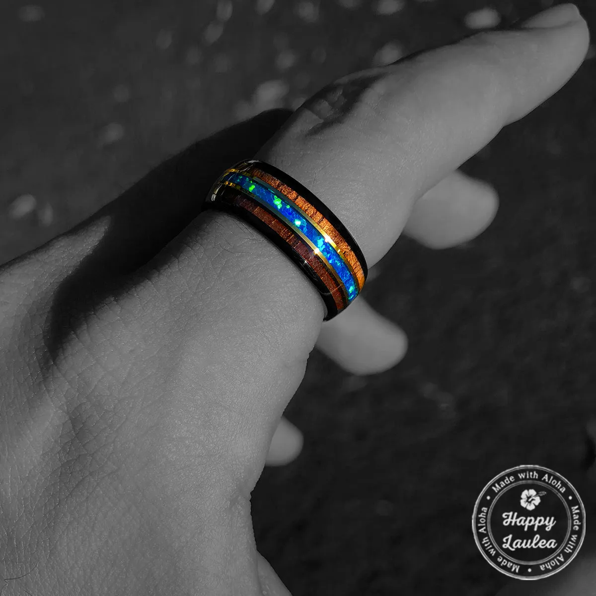 Black Tungsten with Gold Strip Ring with Blue Opal & Hawaiian Koa Wood Tri-Inlay - 8mm, Dome Shape, Comfort Fitment