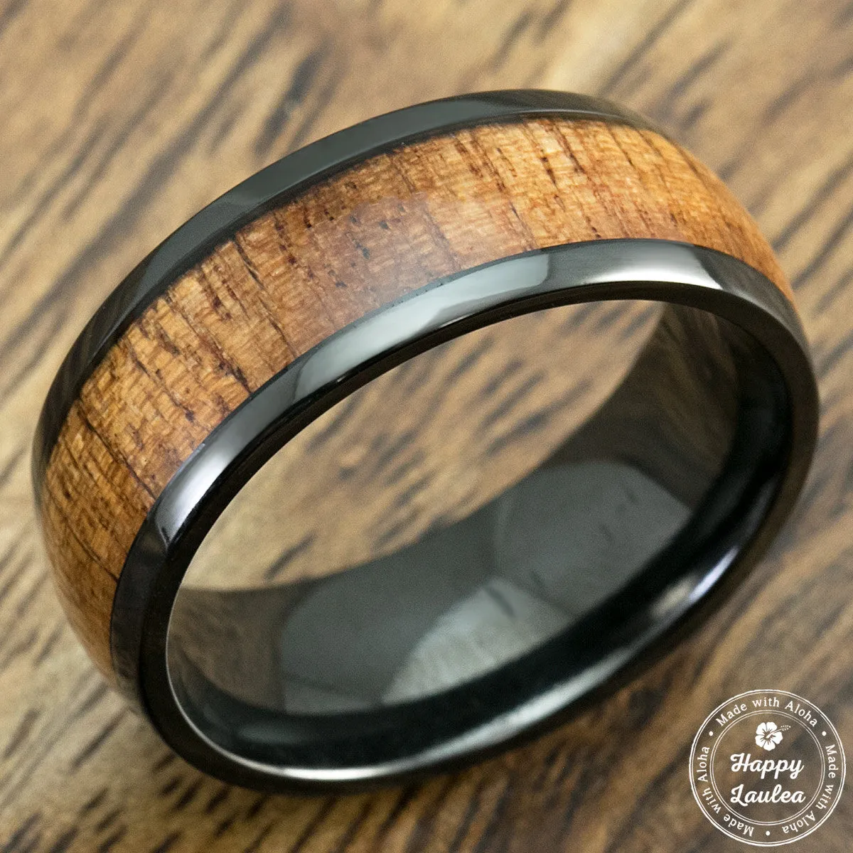 Black Zirconium Ring with Hawaiian Koa Wood Inlay, 8mm, Dome Shape, Comfort Fitment