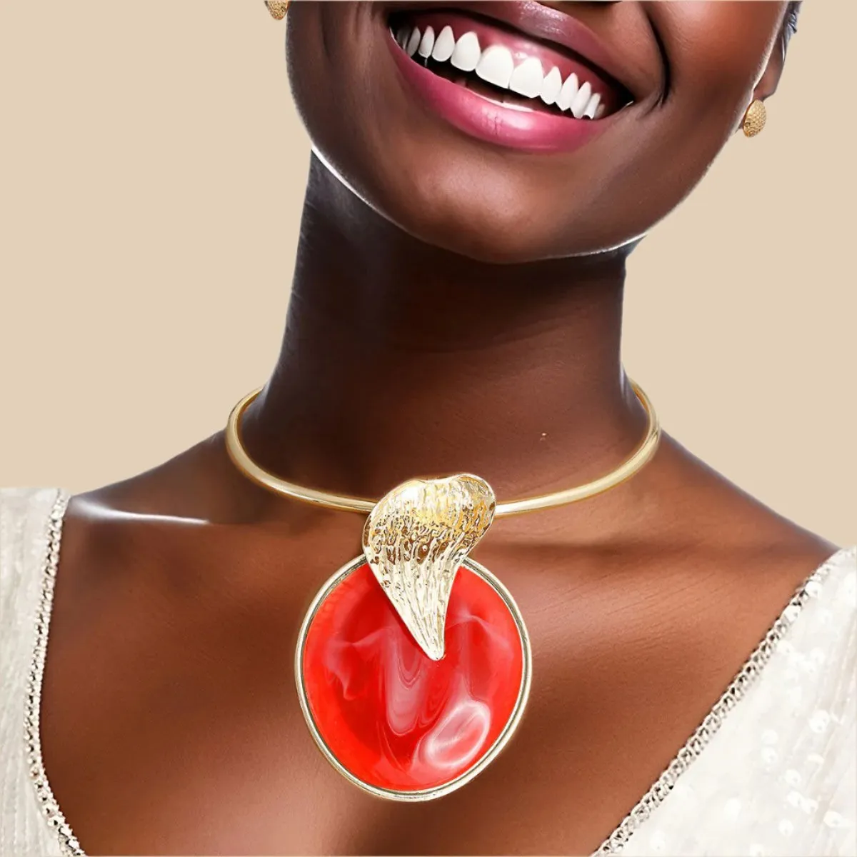 Bold Red Statement Rigid Collar Necklace and Earring Set - Elegant Gold Accents for Chic Style