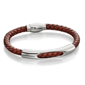 Brown Woven Leather and Stainless Steel Section Bracelet