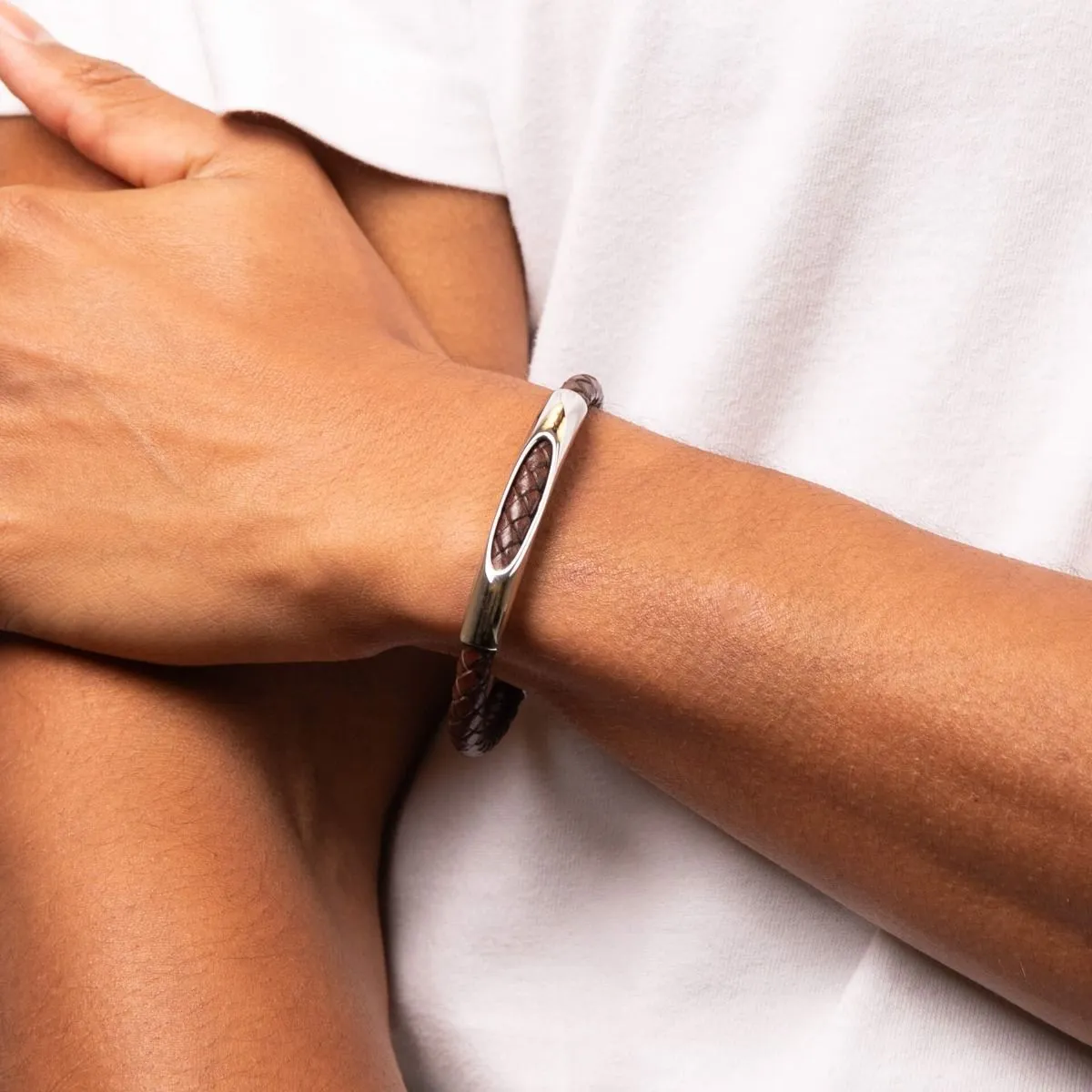 Brown Woven Leather and Stainless Steel Section Bracelet