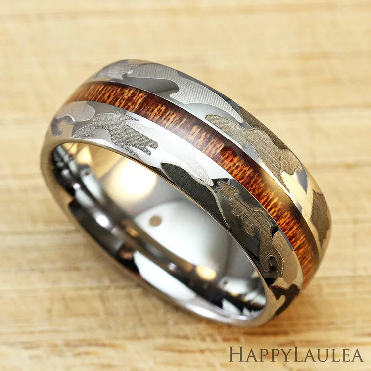 Camo Tungsten Carbide Ring with Koa Wood Inlay - 8mm, Dome Shape, Comfort Fitment (DISCONTINUED)