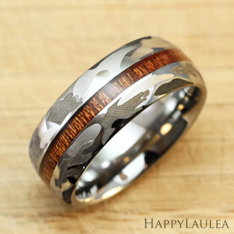 Camo Tungsten Carbide Ring with Koa Wood Inlay - 8mm, Dome Shape, Comfort Fitment (DISCONTINUED)