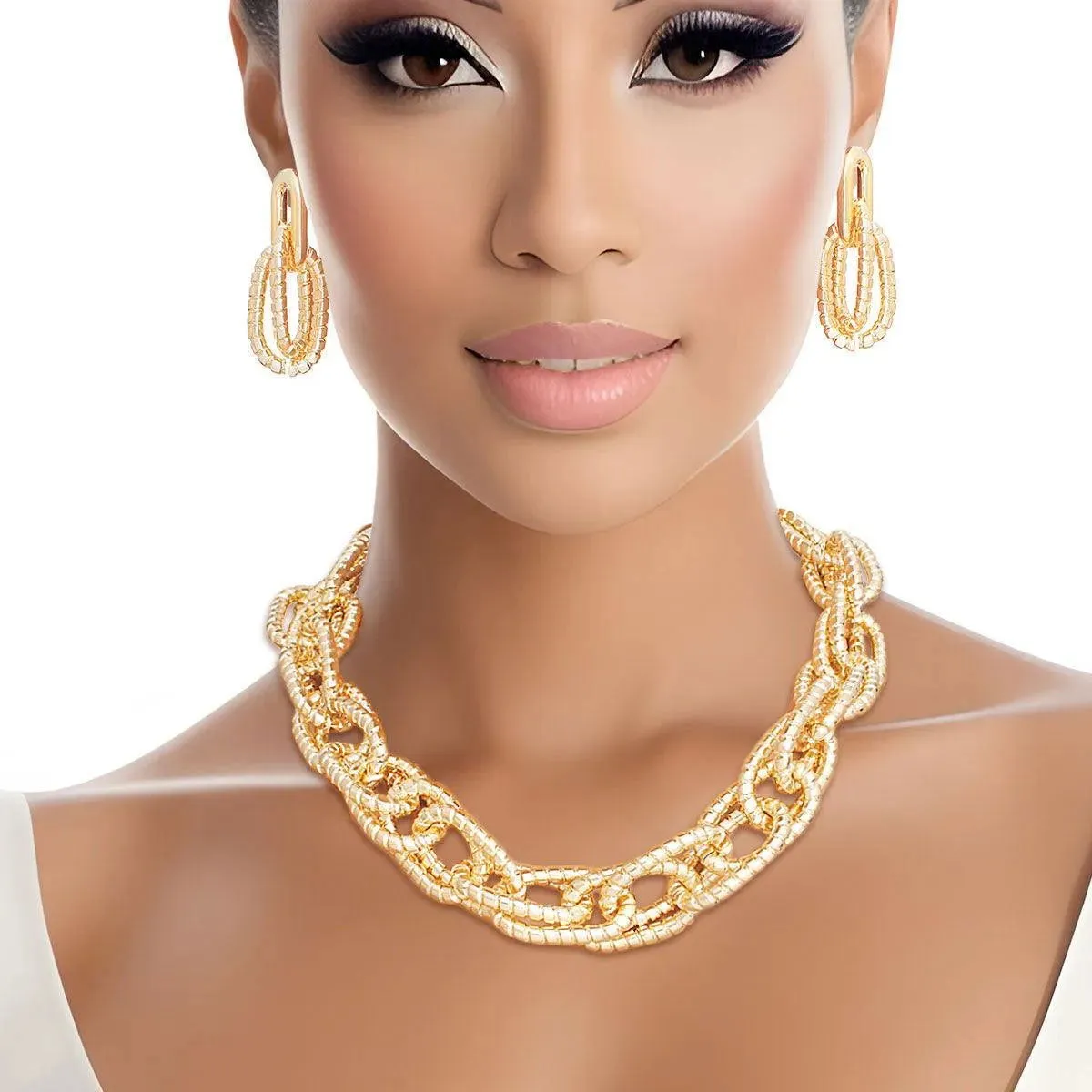 Chic Shiny Gold Oval Link Chain Necklace & Earrings Set - Fashion Jewelry