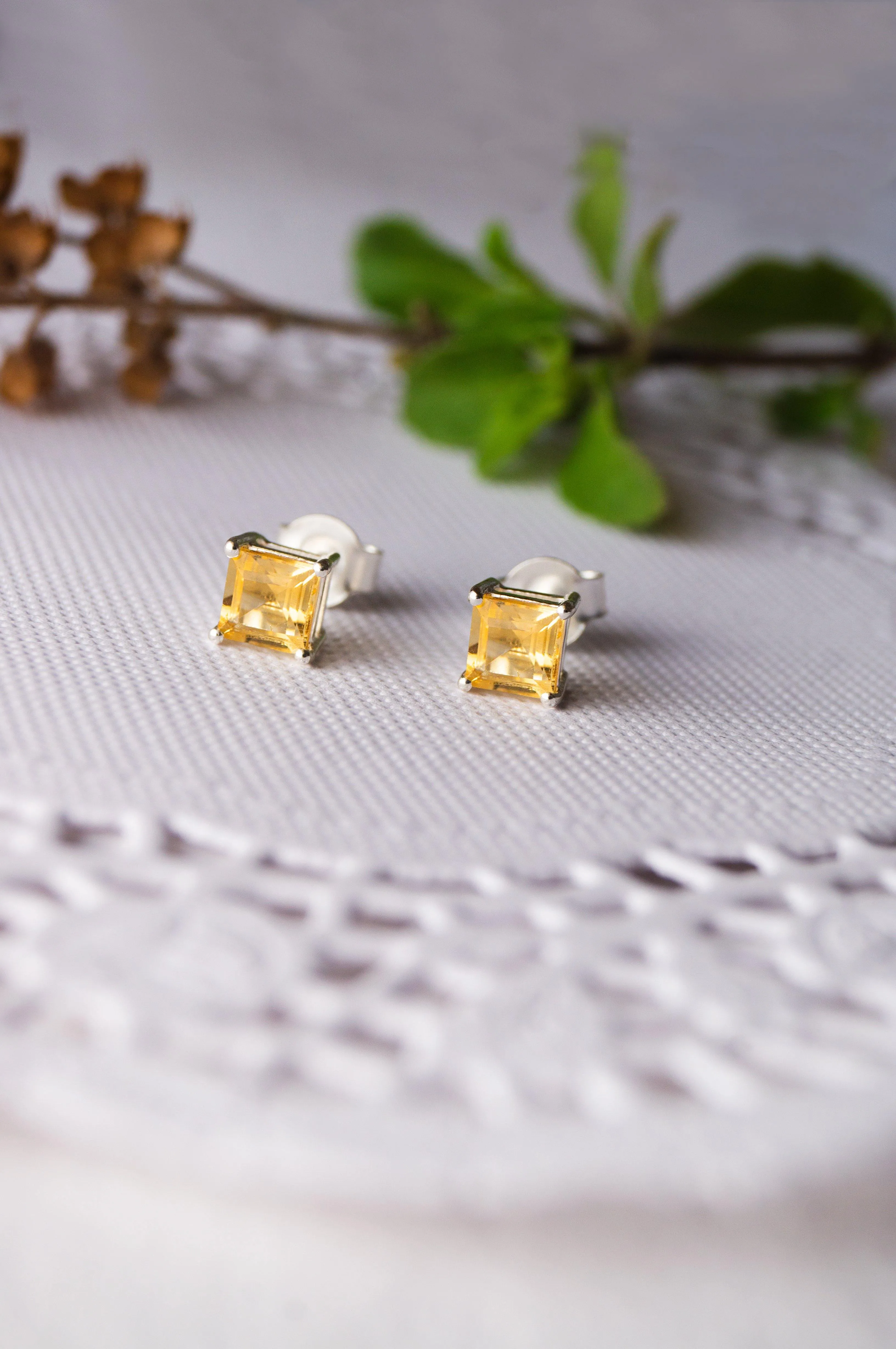 Classic Princess Cut Citrine Sterling Silver Stud Earrings