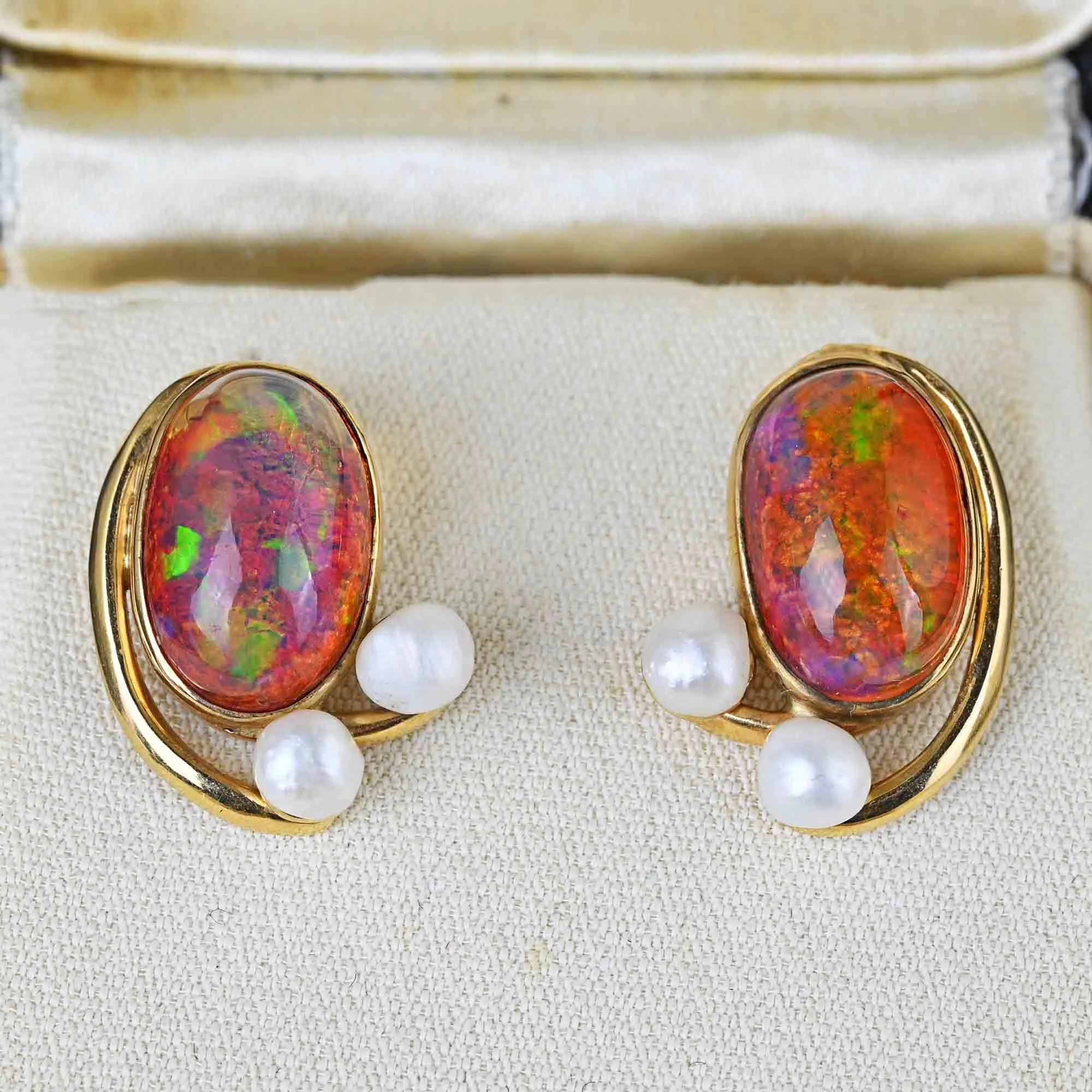 Contemporary Natural Pearl Large Fire Opal Stud Earrings