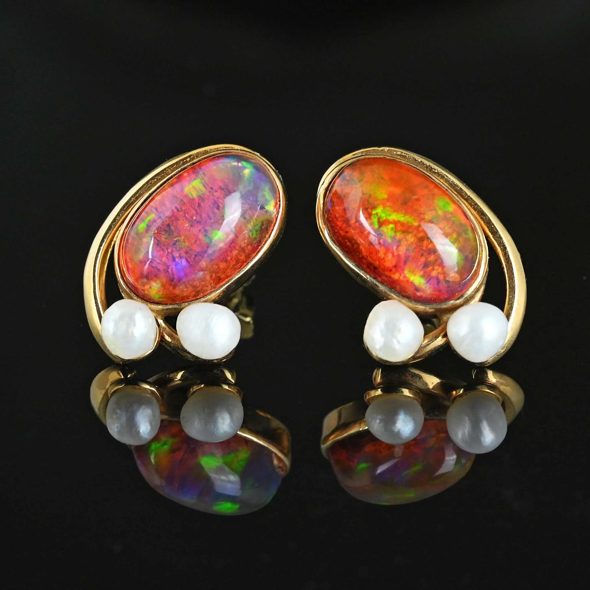 Contemporary Natural Pearl Large Fire Opal Stud Earrings