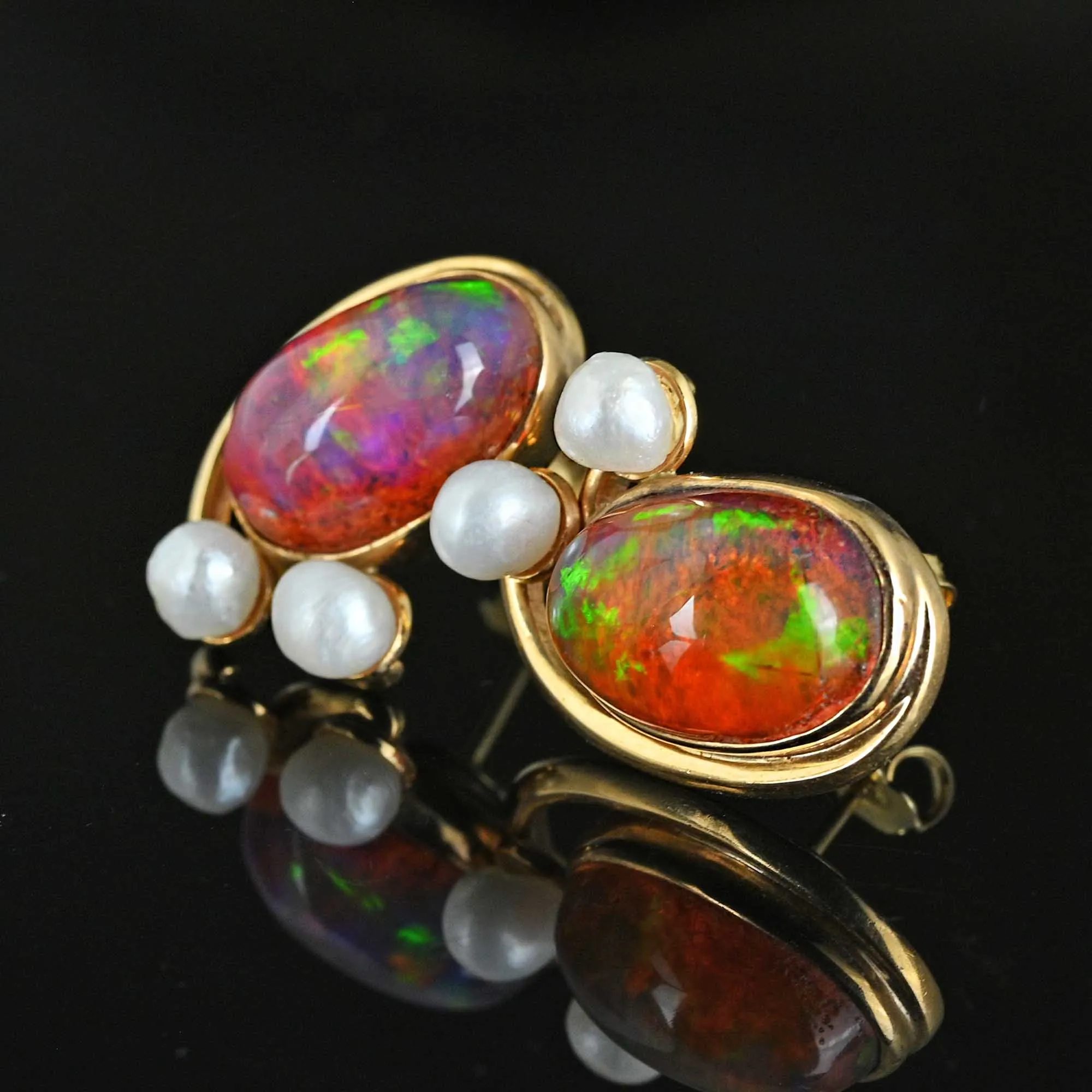 Contemporary Natural Pearl Large Fire Opal Stud Earrings