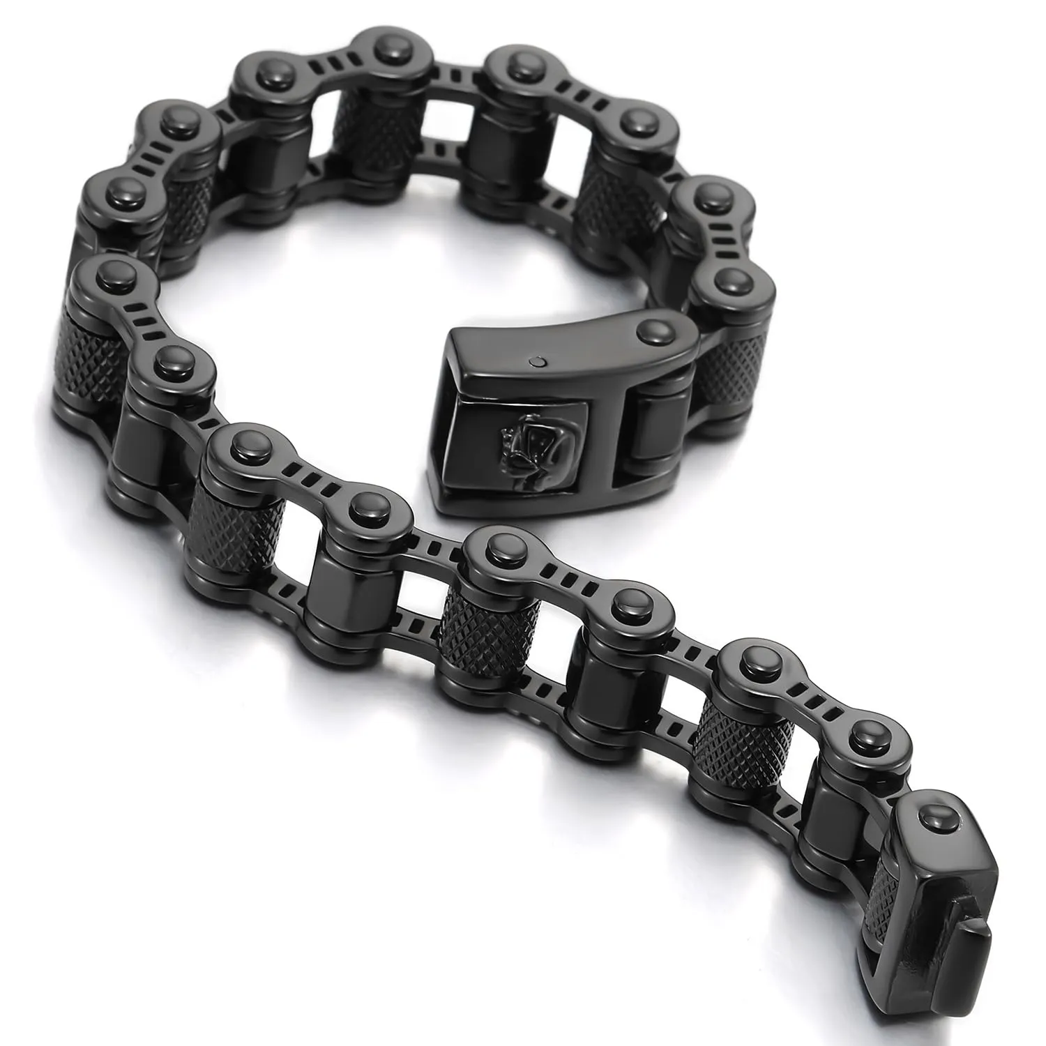 COOLSTEELANDBEYOND Masculine Mens Bike Motorcycle Link Bike Chain Bracelet of Stainless Steel with Skull Clasp