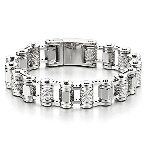 COOLSTEELANDBEYOND Masculine Mens Bike Motorcycle Link Bike Chain Bracelet of Stainless Steel with Skull Clasp