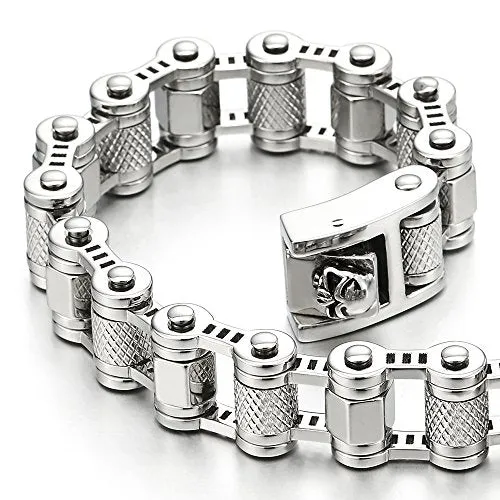 COOLSTEELANDBEYOND Masculine Mens Bike Motorcycle Link Bike Chain Bracelet of Stainless Steel with Skull Clasp