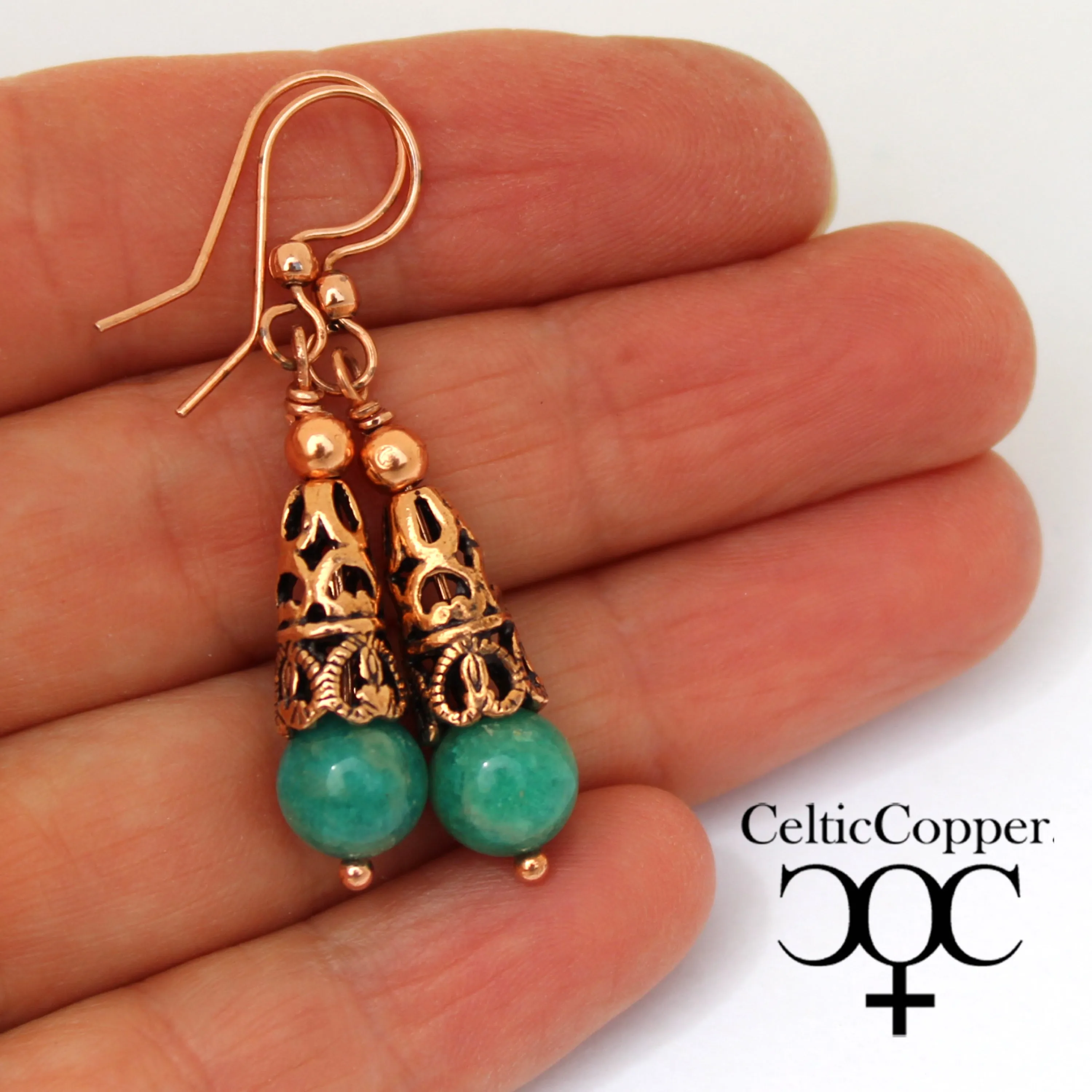 Copper Amazonite Earrings With Handmade Vintage Copper Cone Beads 8mm Amazonite Bead Earrings