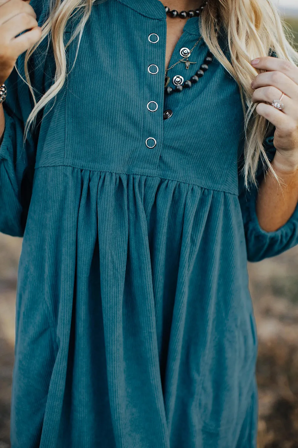 Corduroy Buttoned 3/4 Sleeve Dress