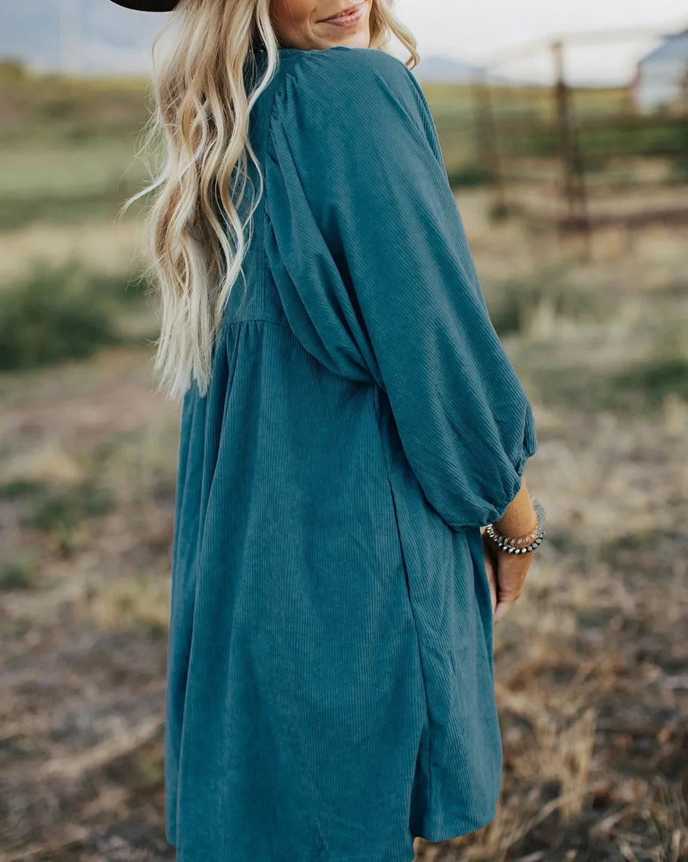 Corduroy Buttoned 3/4 Sleeve Dress