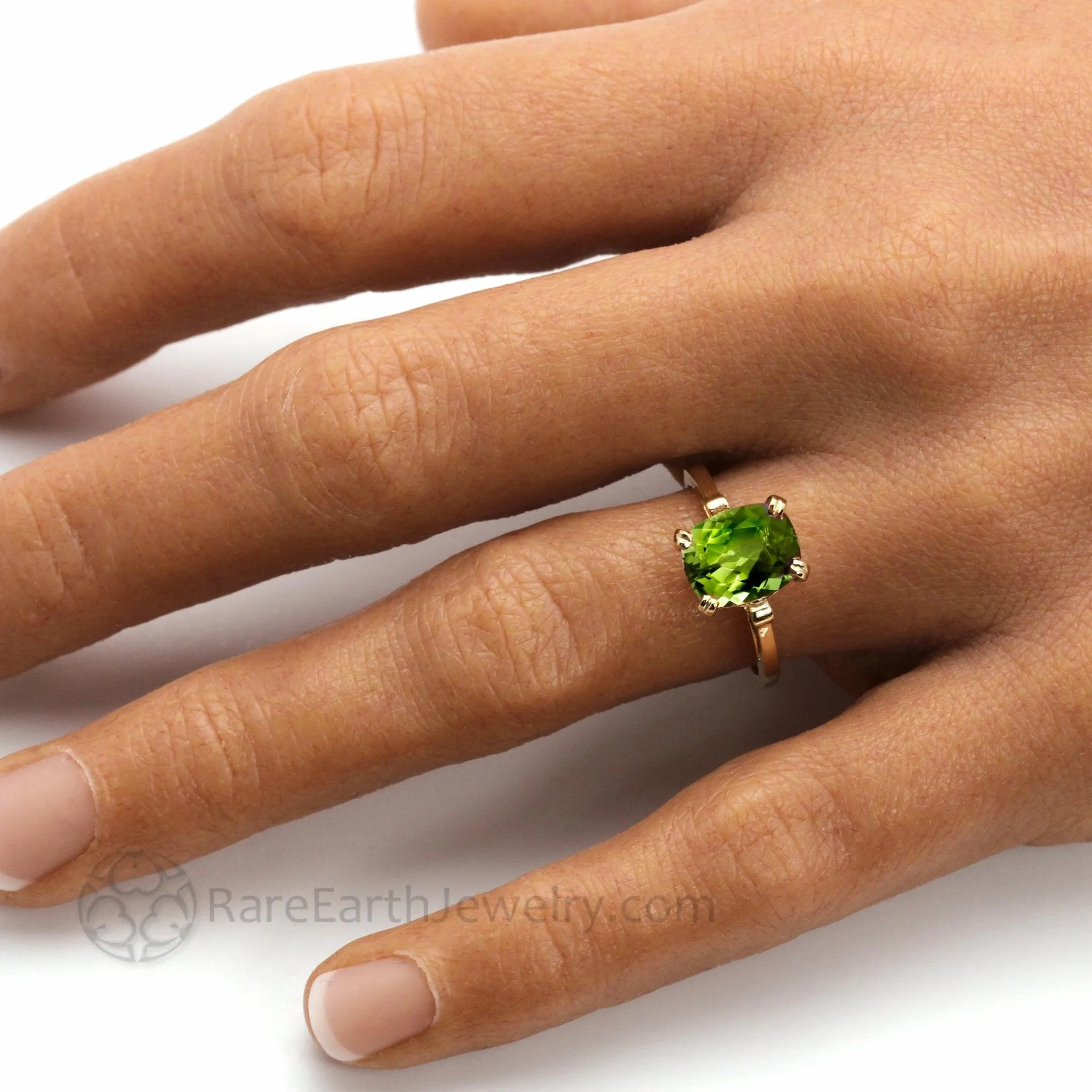 Cushion Cut Peridot Ring Fleur De Lis Solitaire August Birthstone