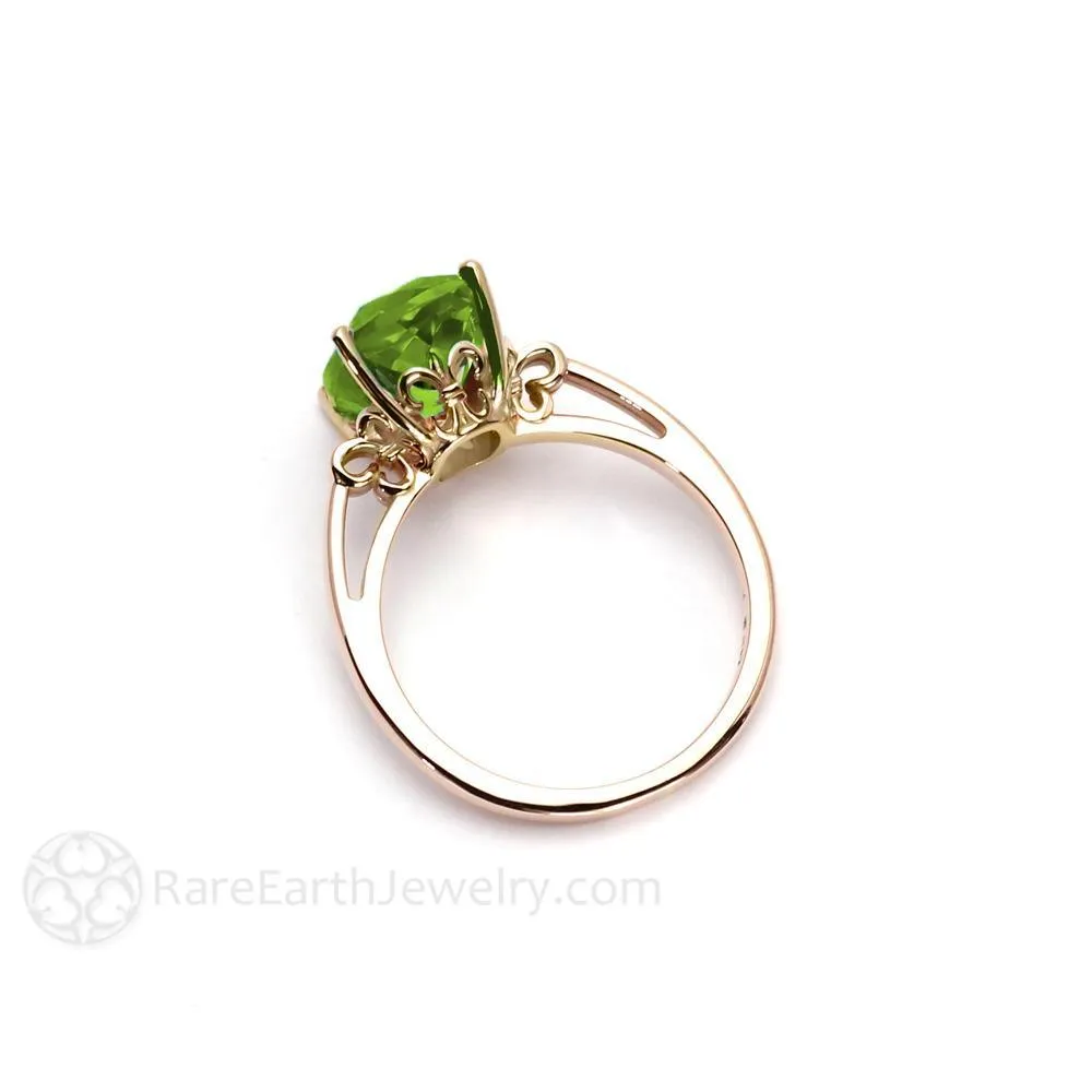 Cushion Cut Peridot Ring Fleur De Lis Solitaire August Birthstone