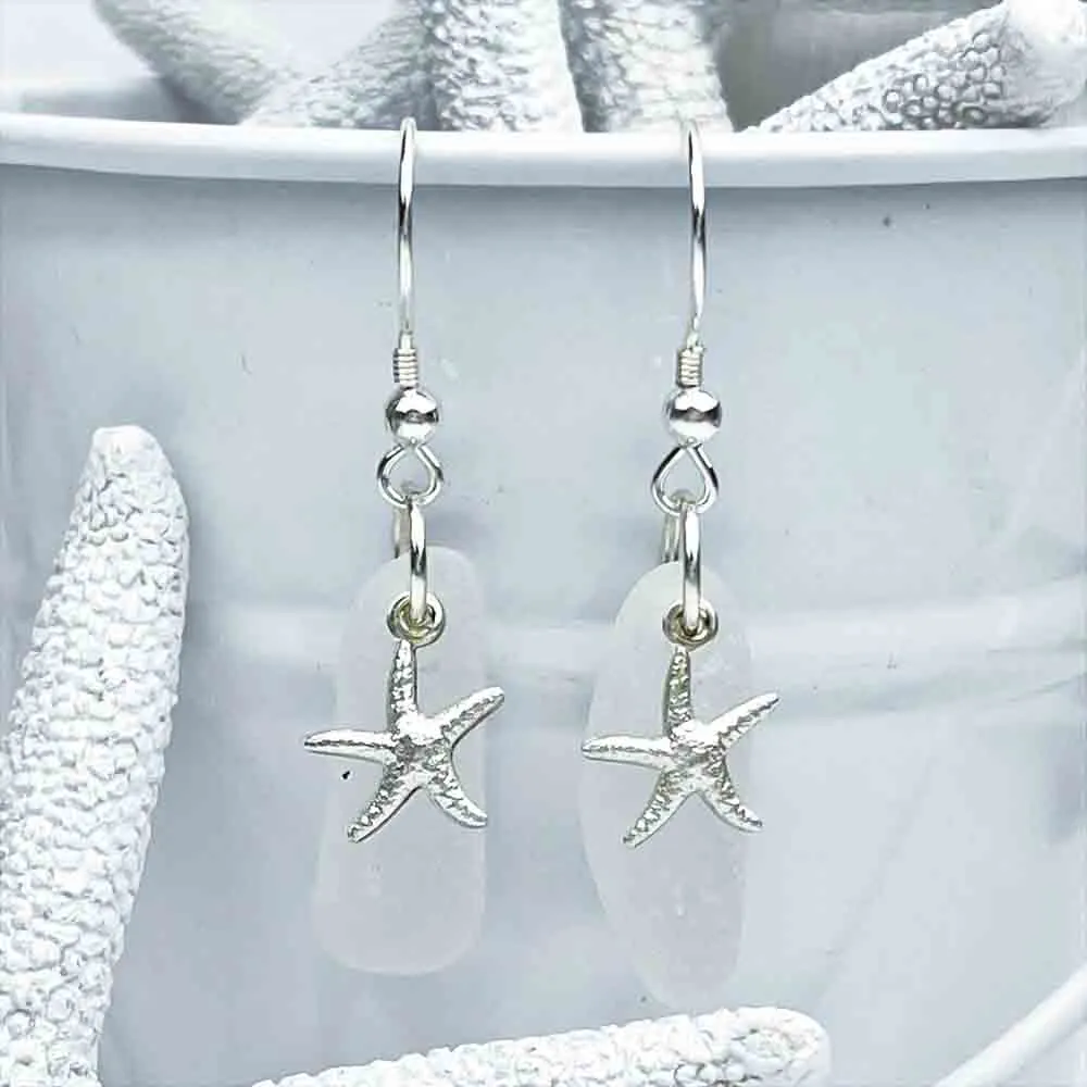 Dangling Crystal Clear Sea Glass Earrings with Sea Star Charms | # 1761