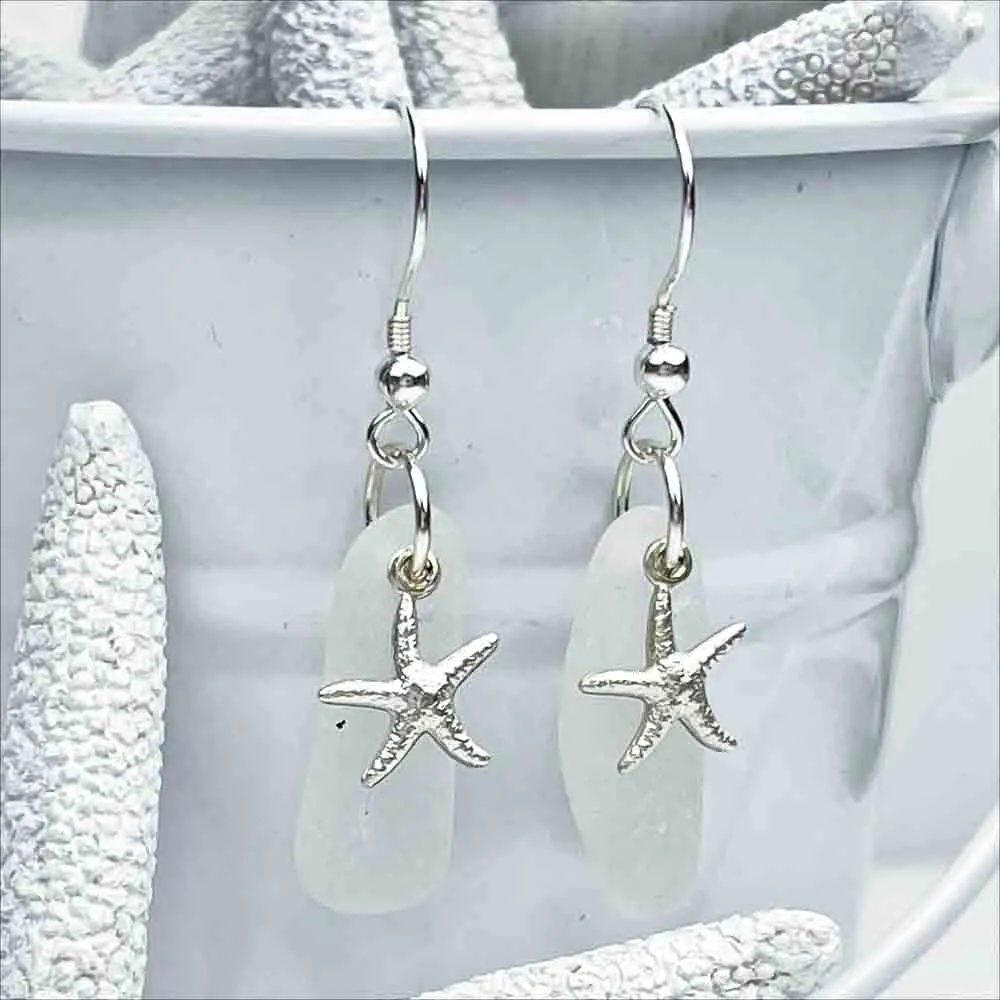 Dangling Crystal Clear Sea Glass Earrings with Sea Star Charms | # 1761