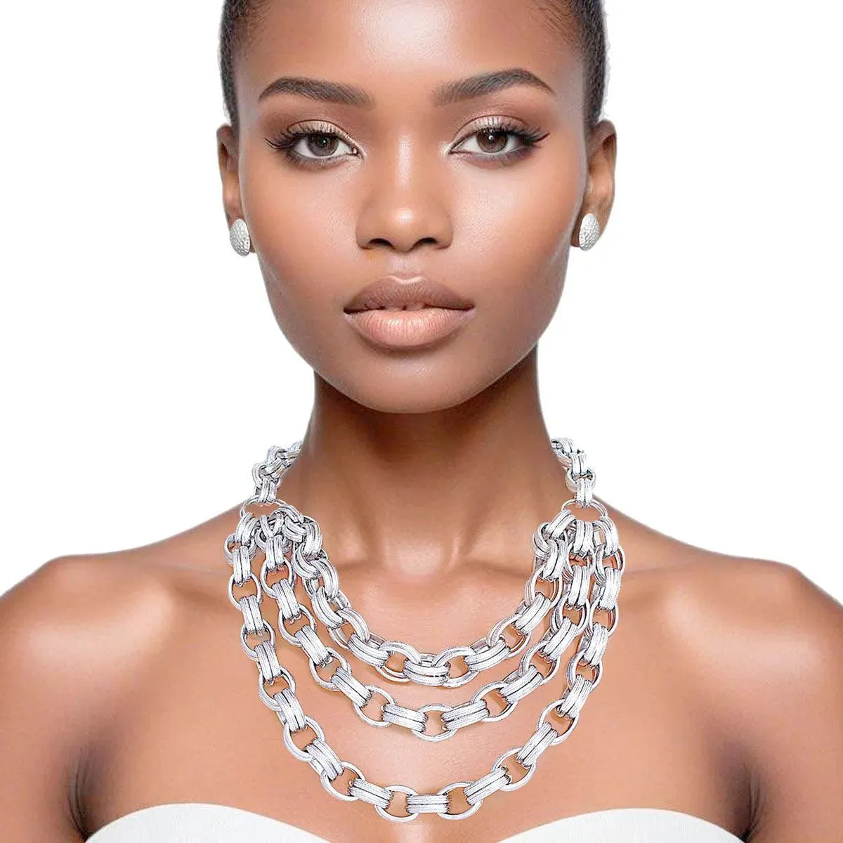 Elegant Silver Double Link Layered Necklace Set for Women - Trendy & Chic Design