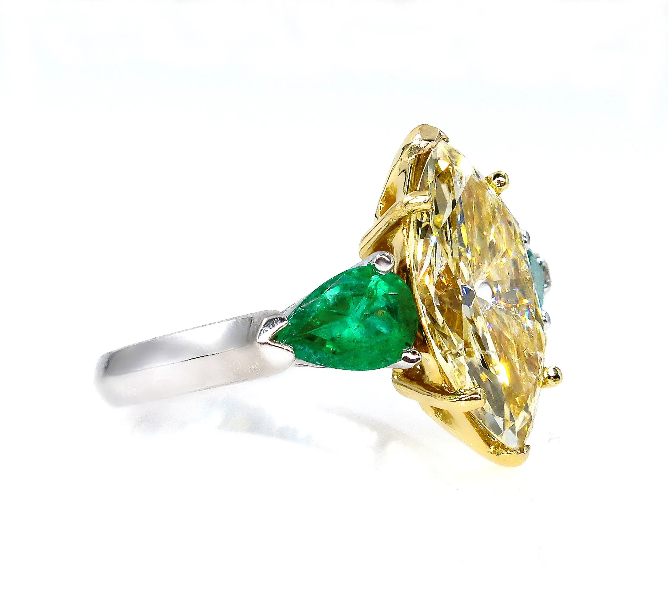 Estate “Canary” 4.86ctw Natural Fancy YELLOW Marquise Diamond & Green Emerald Ring