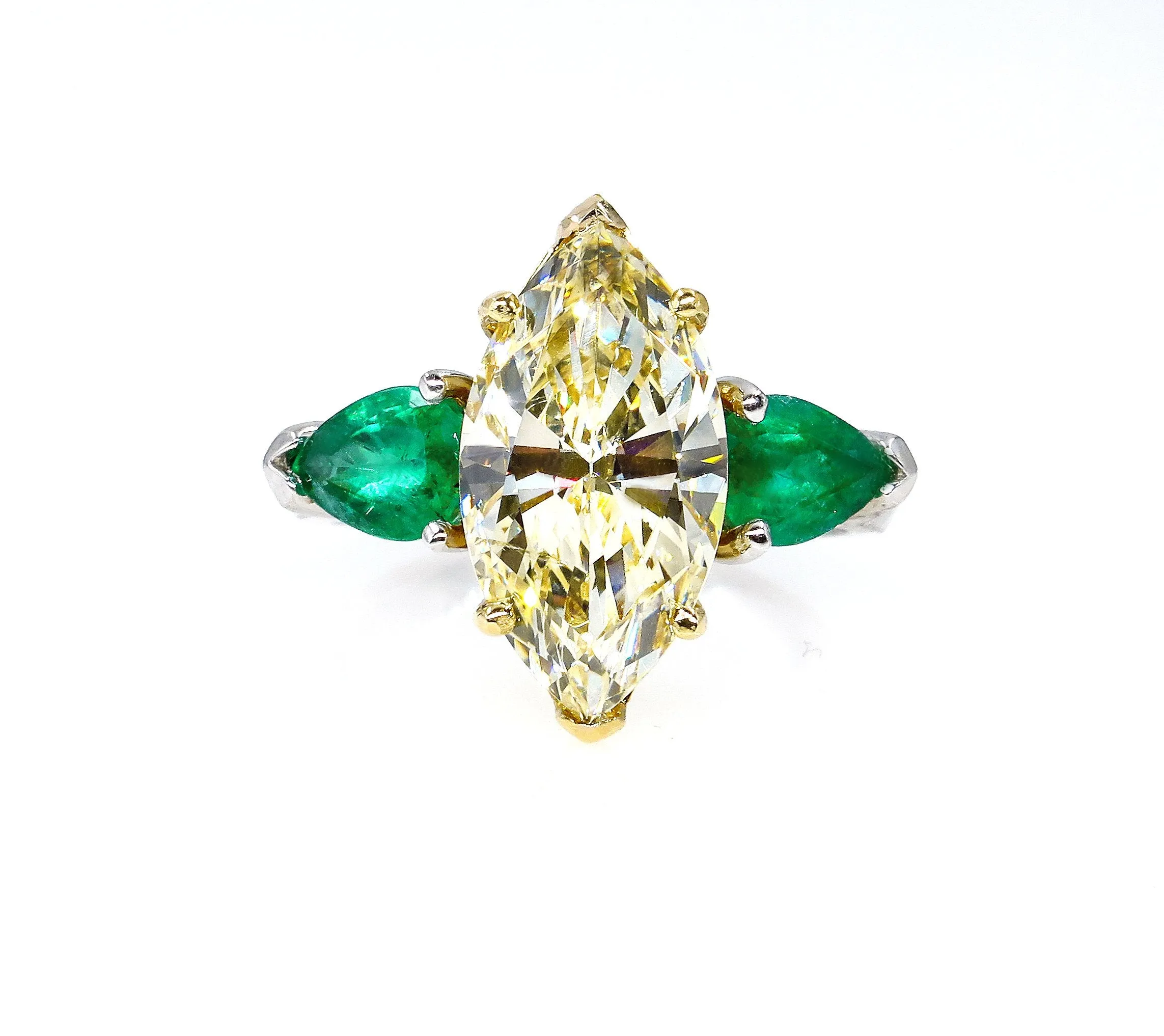 Estate “Canary” 4.86ctw Natural Fancy YELLOW Marquise Diamond & Green Emerald Ring