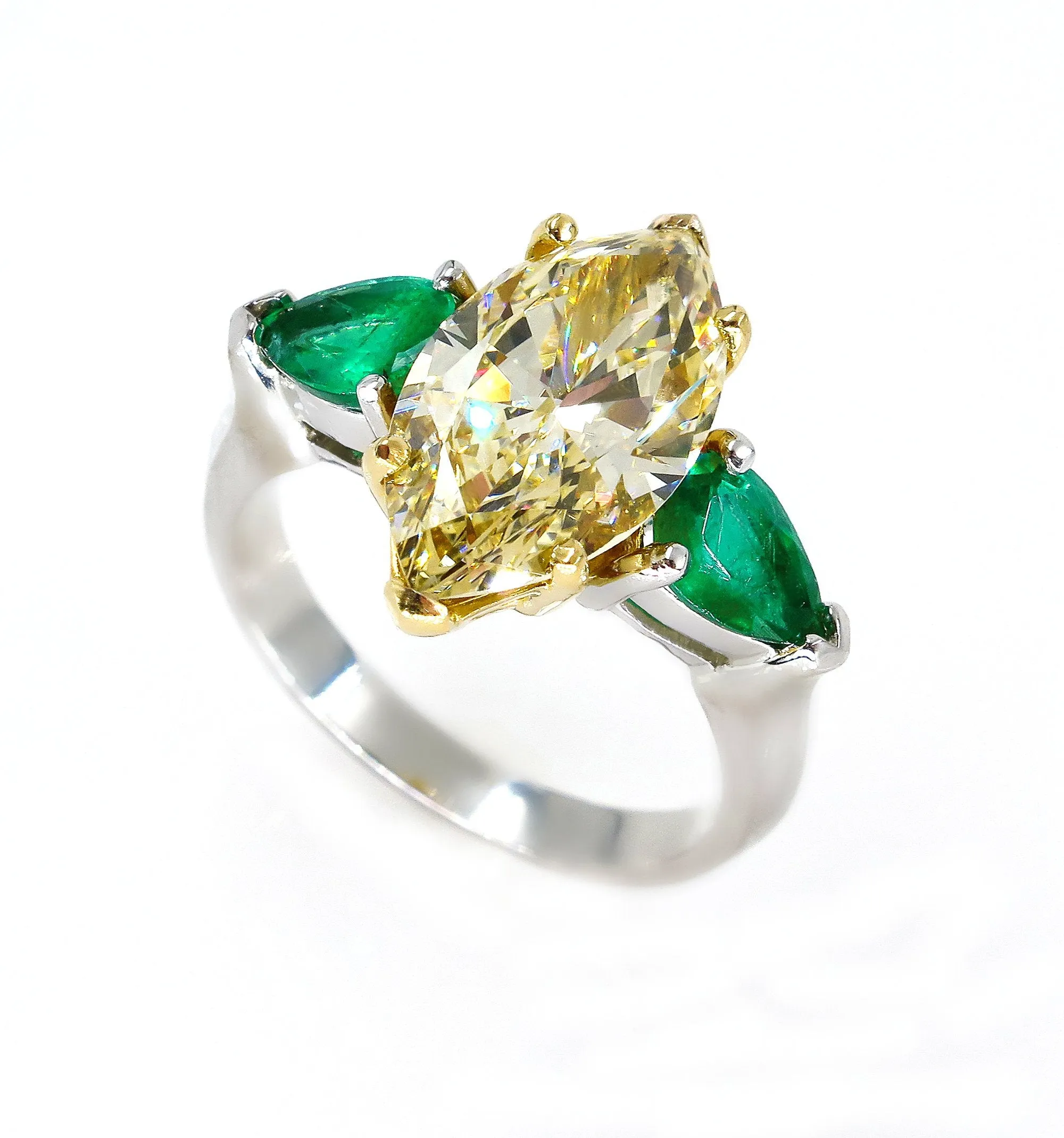 Estate “Canary” 4.86ctw Natural Fancy YELLOW Marquise Diamond & Green Emerald Ring