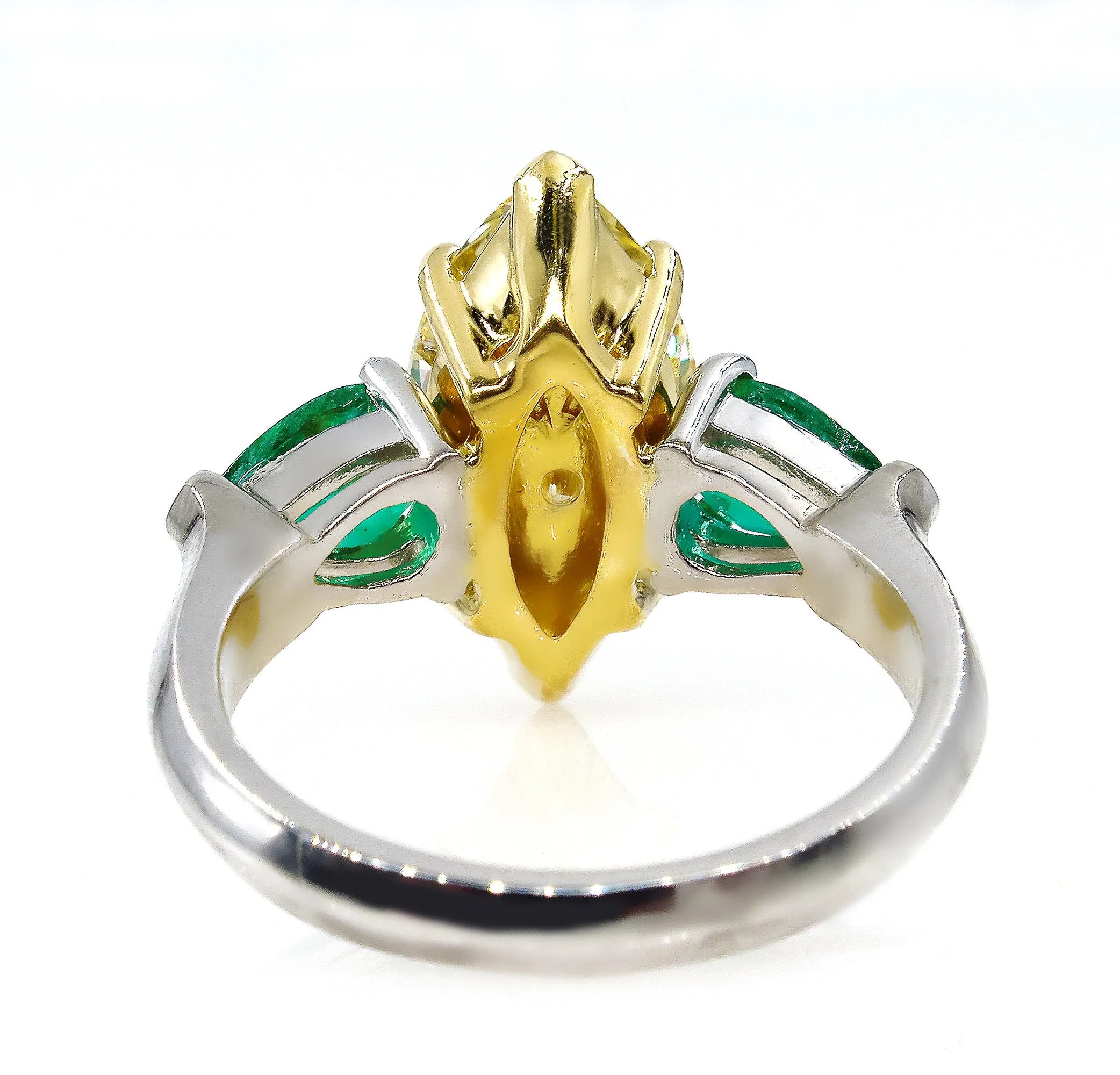 Estate “Canary” 4.86ctw Natural Fancy YELLOW Marquise Diamond & Green Emerald Ring