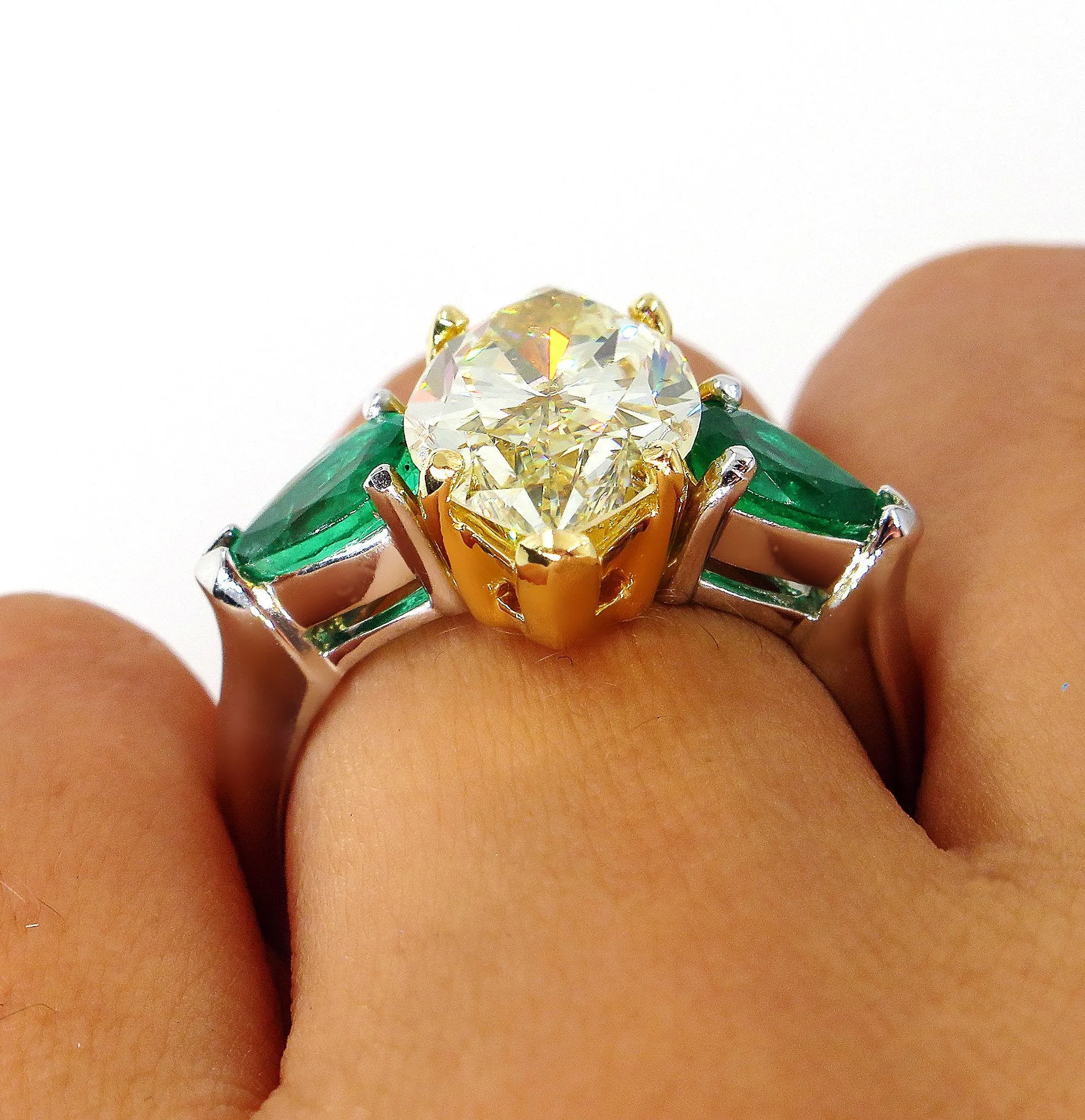 Estate “Canary” 4.86ctw Natural Fancy YELLOW Marquise Diamond & Green Emerald Ring