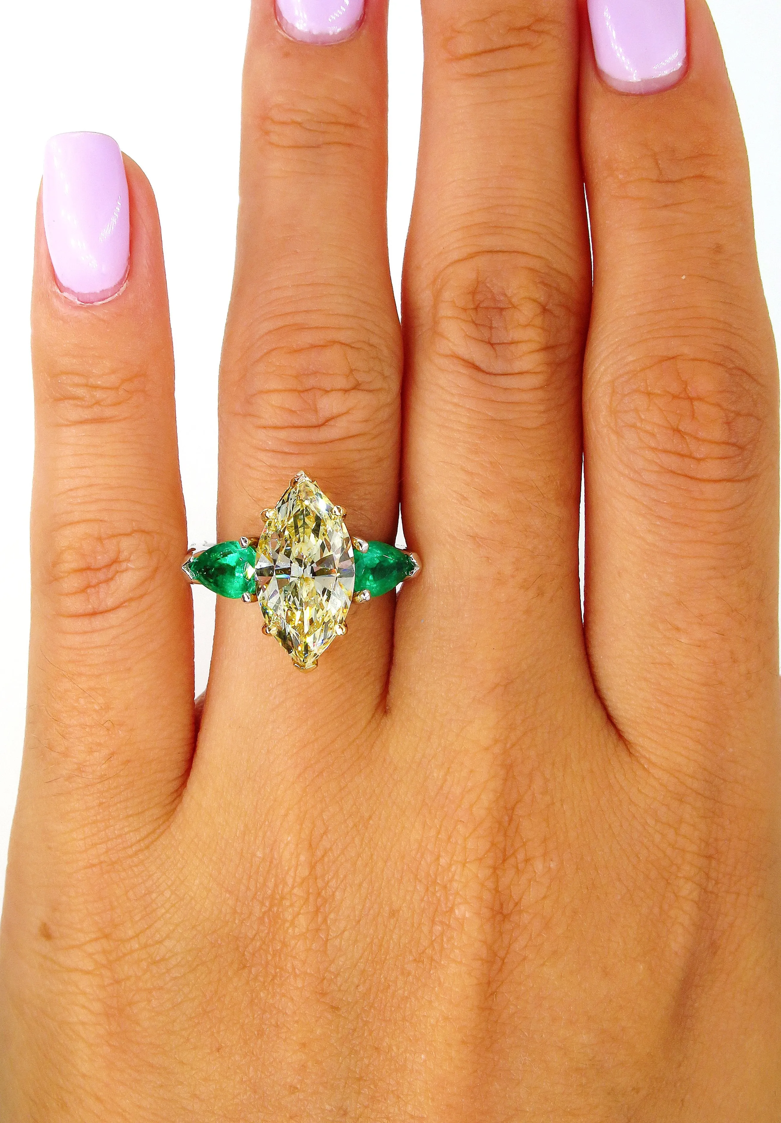 Estate “Canary” 4.86ctw Natural Fancy YELLOW Marquise Diamond & Green Emerald Ring