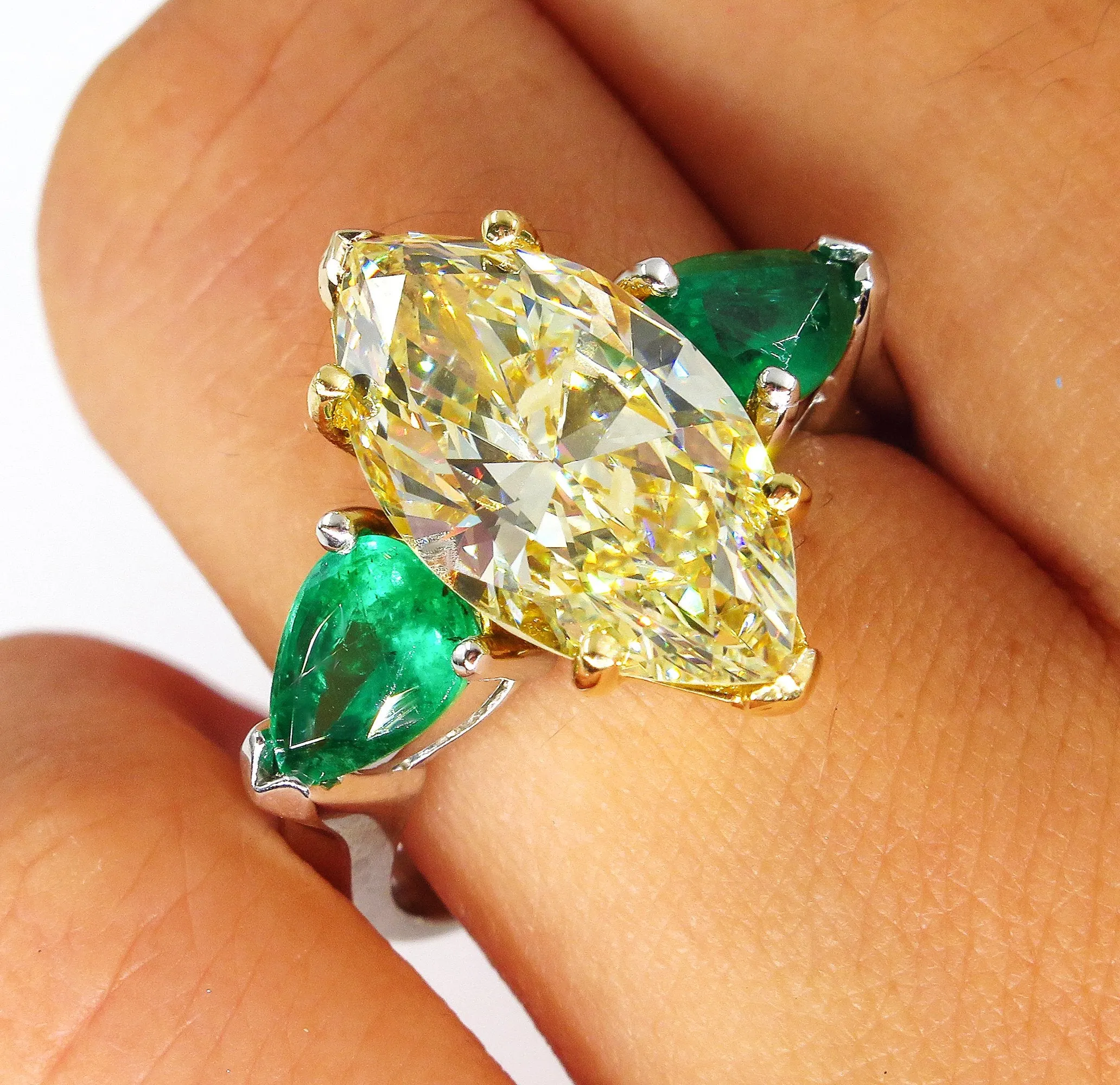 Estate “Canary” 4.86ctw Natural Fancy YELLOW Marquise Diamond & Green Emerald Ring