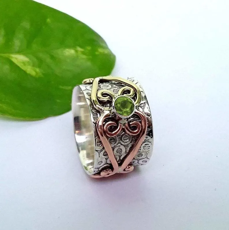 Floral Peridot Gemstone Spinner 925 Sterling Silver Ring,Handmade Jewelry,Gift for her