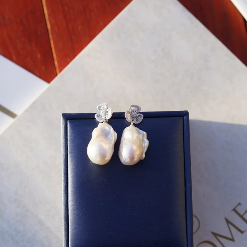 Flower CZ White Freshwater Extra Large Baroque Pearl Earrings